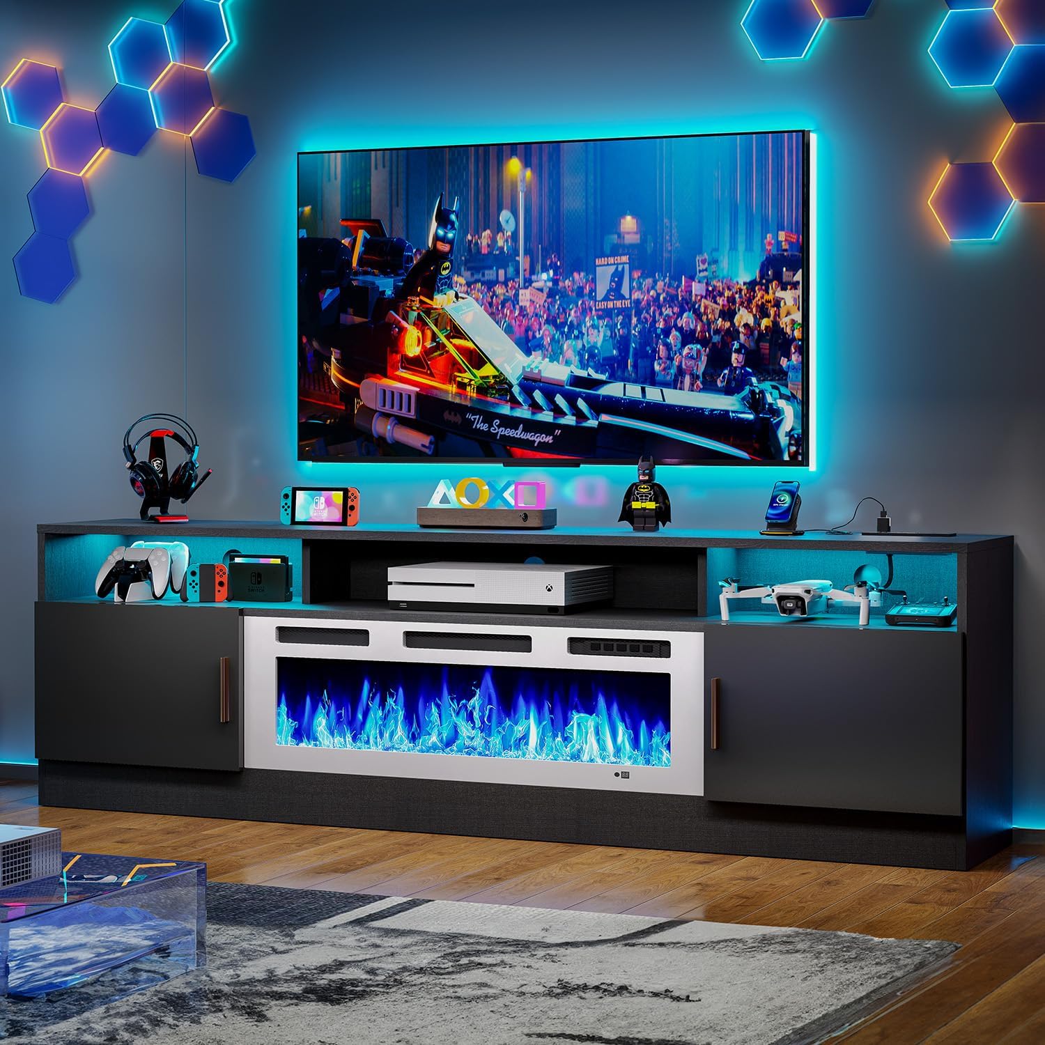 MXV 70' Fireplace TV Stand with Power Outlet for TVs UP to 80', Electric Fireplace Entertainment Center with LED Lights & Storage Cabinets, TV Console for Living Room, Office, Black-White