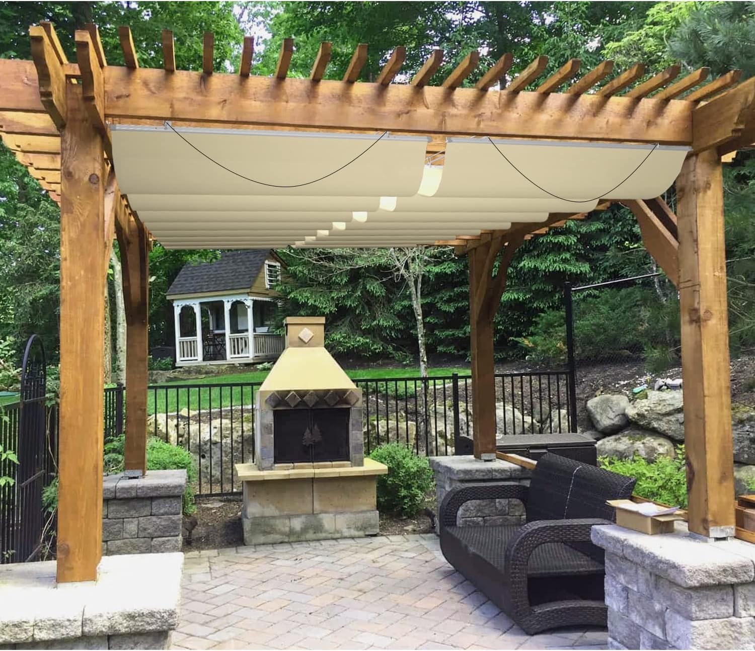 Patio 4'W x 12'L Waterproof Pergola Shade Cover Retractable Canopy Replacement, Outdoor Pergolas Fabric Covers for Patio, Sun Shades Cloth with Slide-On Wire Cable for Deck Gazebo Backyard, Beige