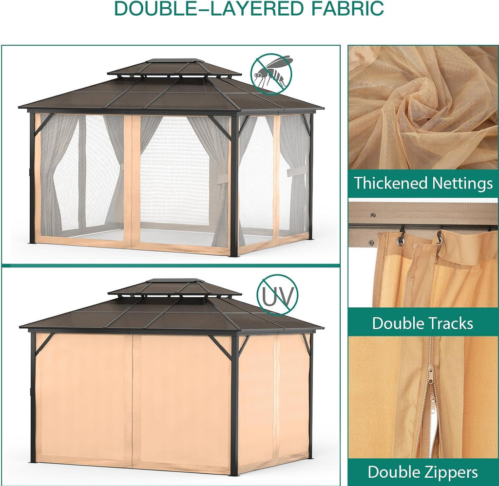 13' x 10' Hardtop Gazebo with Double Roof - Heavy Duty Aluminum Frame, All-Weather Canopy with Netting for Patio/Garden/Poolside (Khaki)