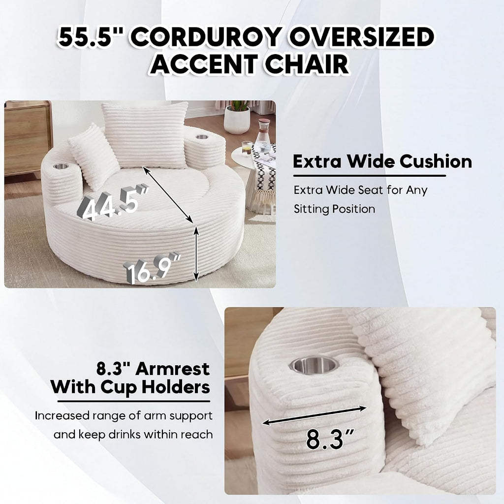 Oversized Round Chair Lounge Chaise Indoor, 55.5' Upholstered Corduroy Deep Seat Single Cloud Sofa Chair with Cup Holder, Modern Large Circle Boneless Sleeper Sofa for Living Room, Beige White