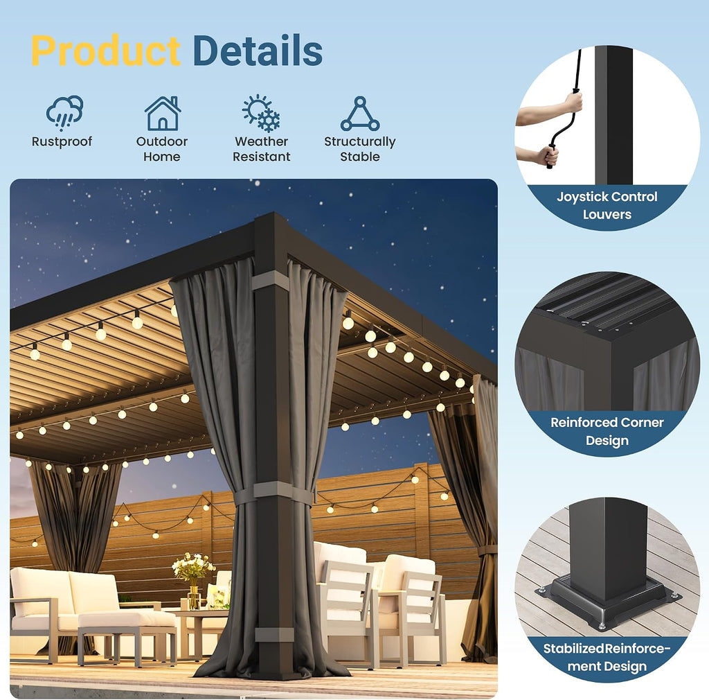 12' x 16' Louvered Pergola, Metal Outdoor Pergola with Adjustable Louvered Roof, Curtains & Netting, Gutter System, Hardtop Patio Gazebo for Patio, Deck, Garden, Yard, Dark Gray