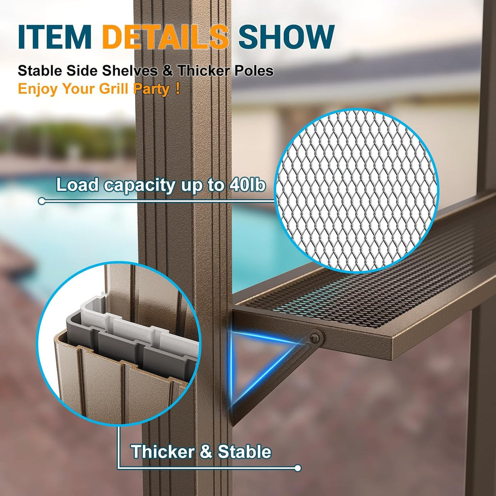 Hoteel 6x8 Hardtop Grill Gazebo, Outdoor Patio BBQ Gazebo with Galvanized Steel Double Roof, Hardtop Barbecue Canopy with 2 Side Shelves for Deck Lawn Backyard Garden,Brown