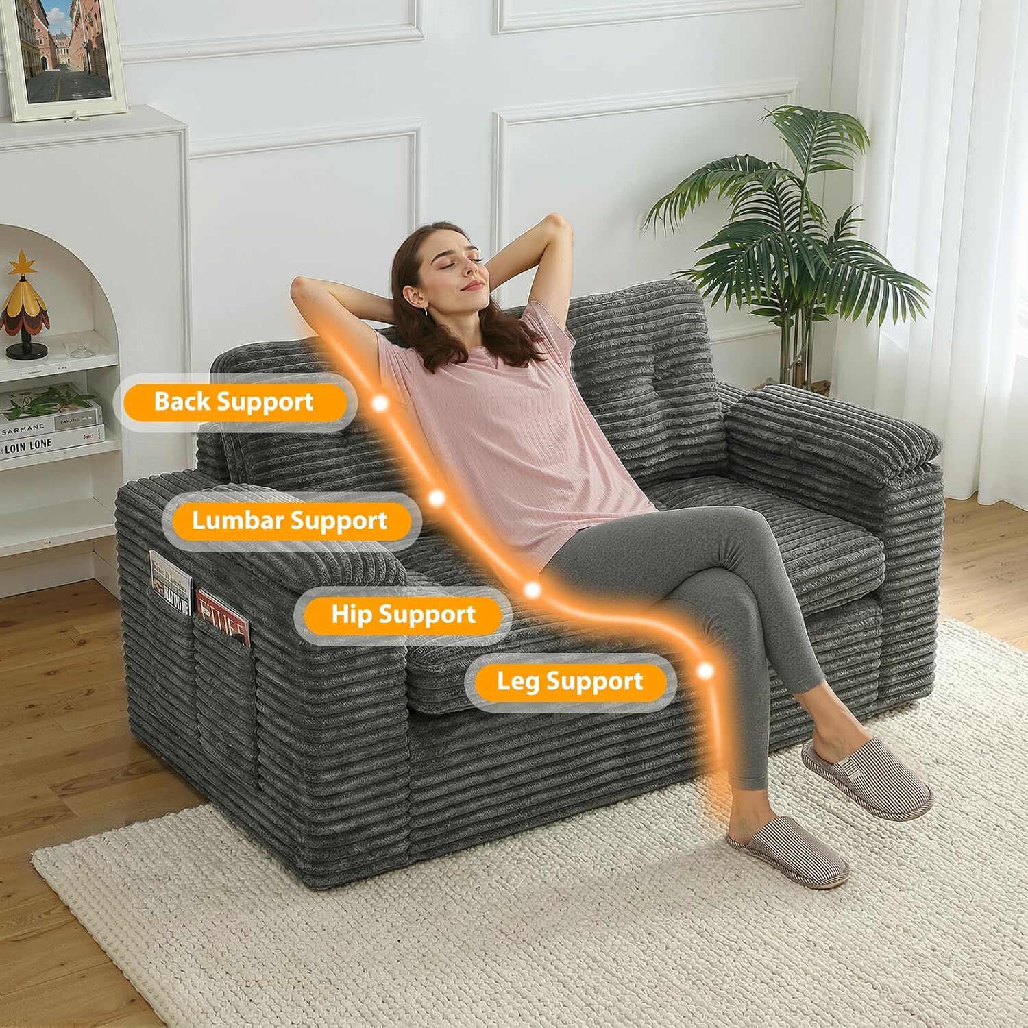 Boneless Loveseat Sofa, 58in Boneless Cloud Couch for Living Room 2 Seater Modern Lounge Sleeper Couch with Removable Cover Corduroy Sofa with Armrest, Dark Grey