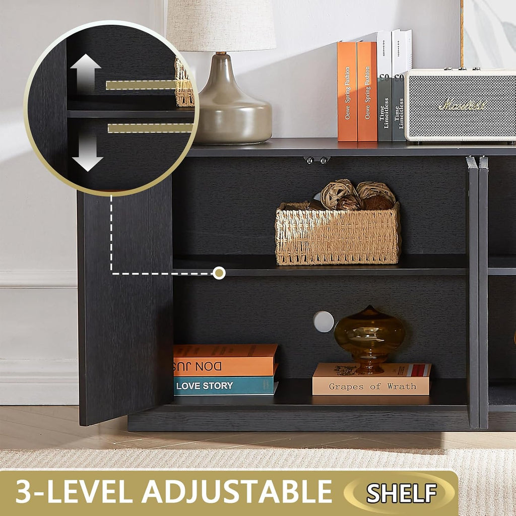 Fluted TV Stand for TVs Up to 75 Inch, Black Mid Century Modern TV Console for Living Room, Entertainment Center with Storage, Wood Media Console Cabinet with Rounded Corner