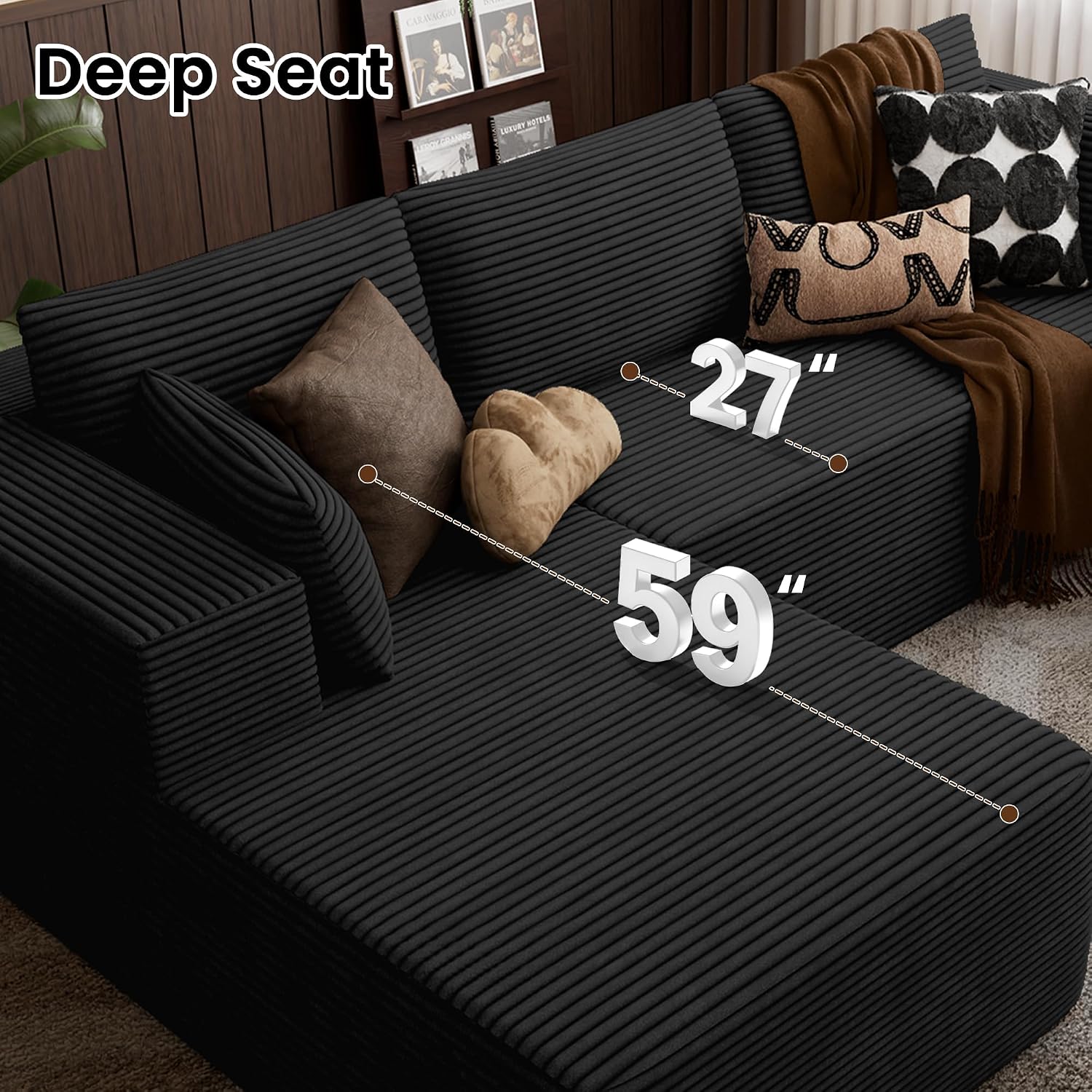 106' Cloud Sectional Boneless Couches for Living Room, Modular U Shaped Couch with Deep Seat, Removable Ottoman, Memory Foam Compressed Spineless 4 Seater Sofa for Bedroom Apartment, Black