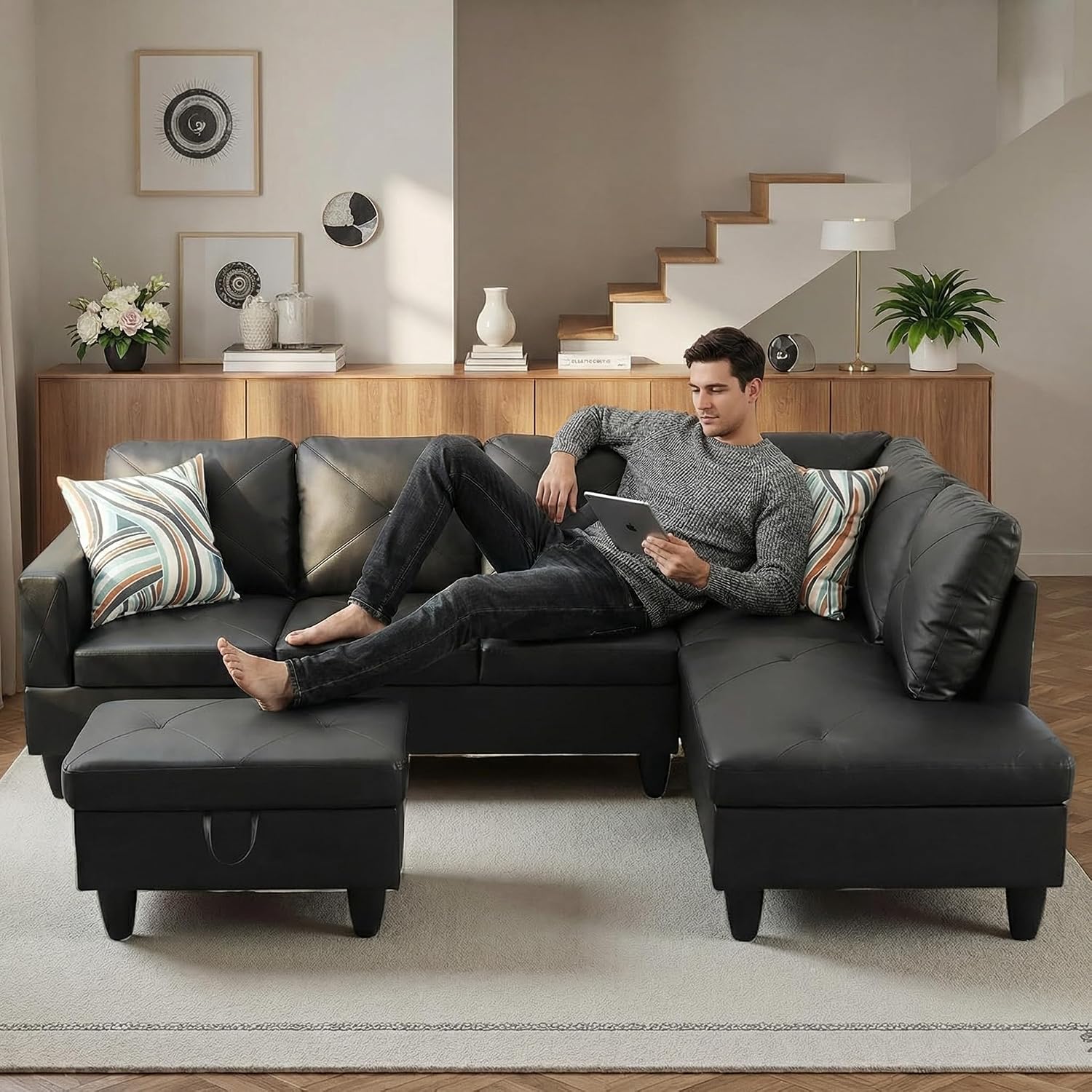 97' L Shaped Couch Set Leather, Modular Sectional Couches for Living Room with Storage Ottoman, 4 Seat Home Sofa Living Room Furniture Sets with Chaise for Apartment Office (Black)