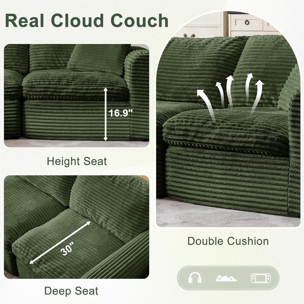138' Modular Sectional Sofa Couches U Shaped Couch 4 Seater Cloud Sofa Memory Foam Sectional Couches for Living Room, Boneless Couch with Ottoman, Corduroy, Green