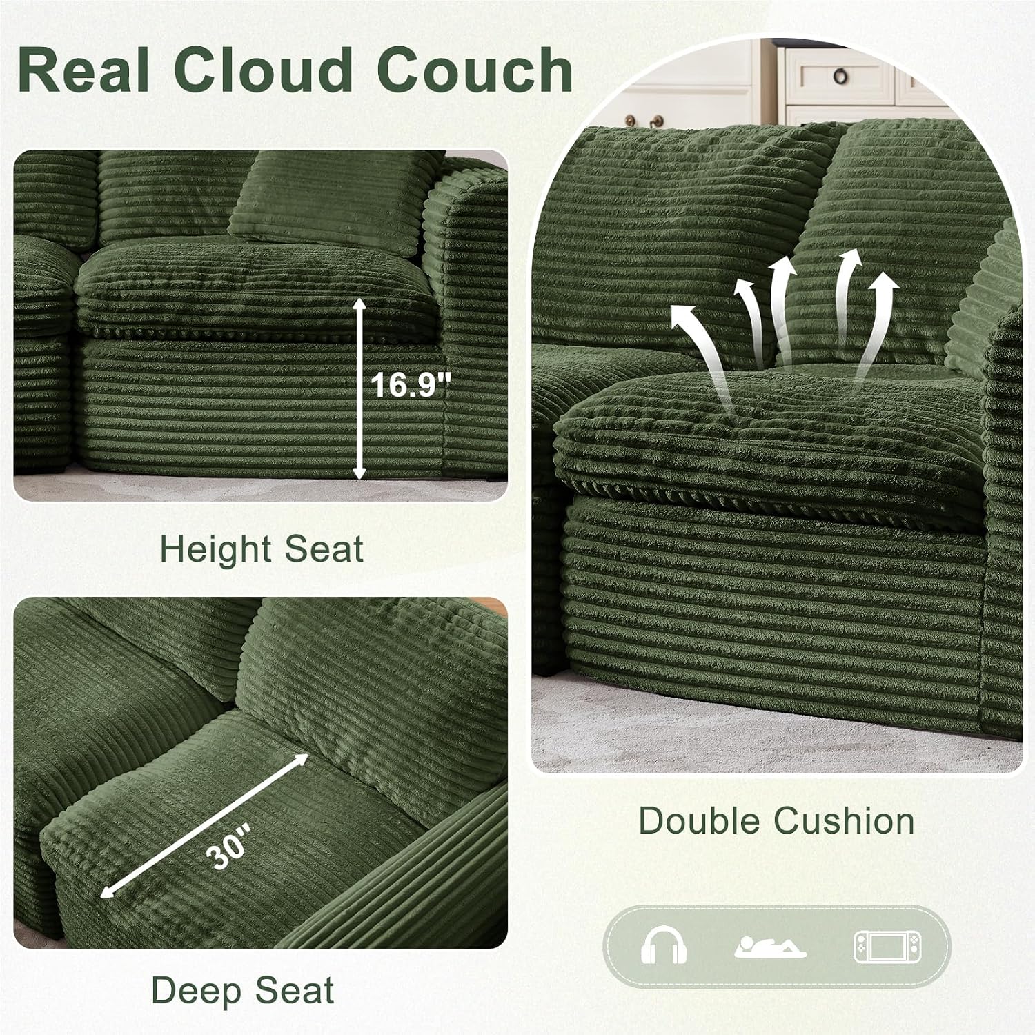 138' Modular Sectional Sofa Couches U Shaped Couch 4 Seater Cloud Sofa Memory Foam Sectional Couches for Living Room, Boneless Couch with Ottoman, Corduroy, Green