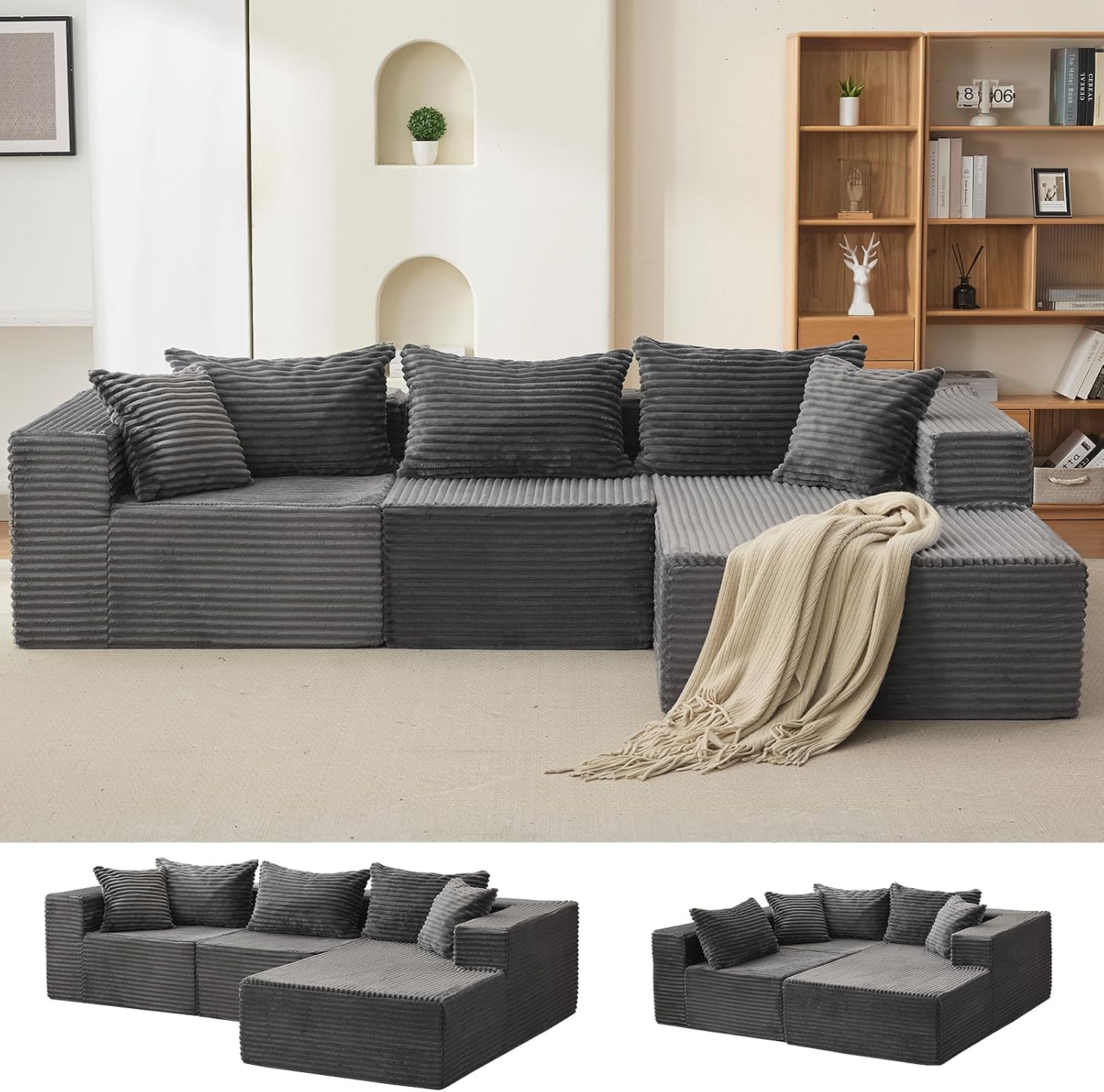 Garvee 106' Comfy Cloud Sectional Couch with Chaise, Boneless L Shaped Sofa | Fluffy Gray Couches for Living Room, Modular Sofa Couch & Bed, No Assembly Required, (Gray, Right Facing Chaise)