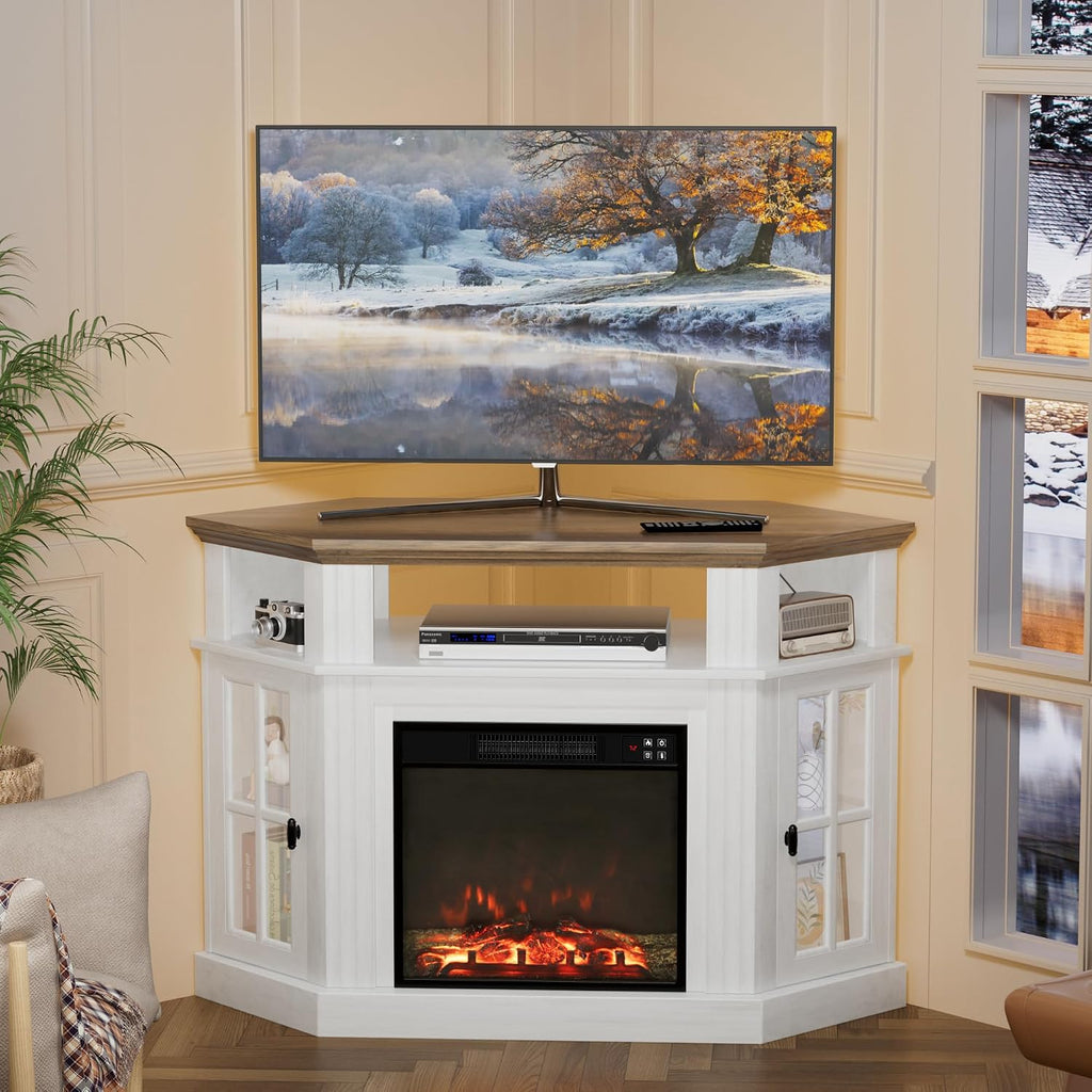 Furmax Fireplace Corner TV Stand for Up to 55 Inch, Modern Console with 18 Inch Electric Fireplace, Entertainment Center with Open Shelf and Storage Cabinets for Living Room (Antique White)