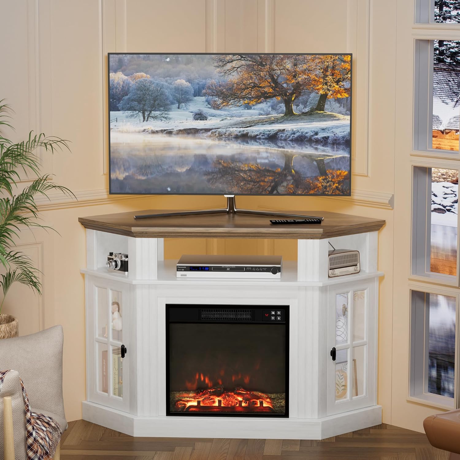 Furmax Fireplace Corner TV Stand for Up to 55 Inch, Modern Console with 18 Inch Electric Fireplace, Entertainment Center with Open Shelf and Storage Cabinets for Living Room (Antique White)