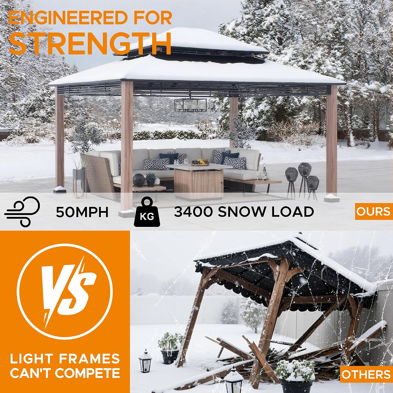 SUNJOY 13 x 15 ft. Hardtop Gazebo, Outdoor Patio Black Steel Frame Gazebo with 2-Tier Steel Roof,for Ultimate Outdoor Enjoyment, for All-Season Comfort
