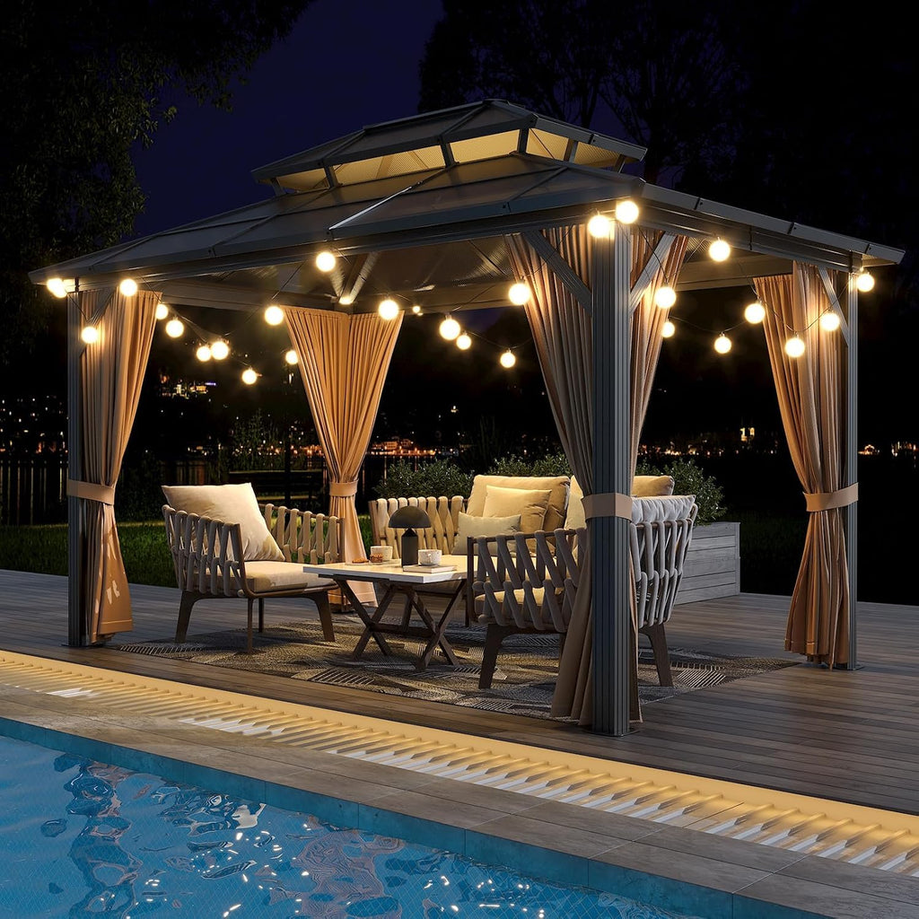 13'x10' Hardtop Gazebo, Aluminum Permanent Pavilion with Polycarbonate Double Roof, Removable Curtains & Mosquito Netting for Patio, Garden, Lawn, Upgrade Your Outdoors: Heavy Duty Hardtop Gazebo