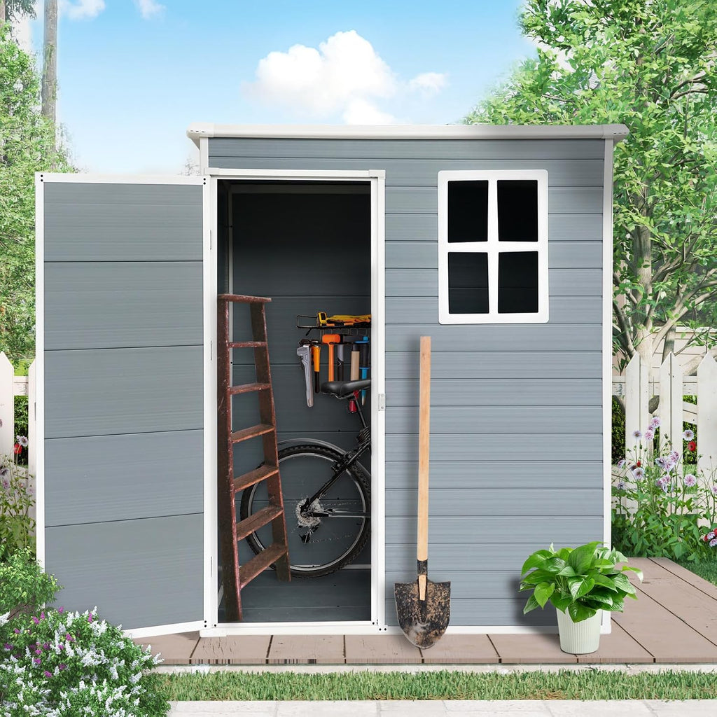 5x3 FT Resin Outdoor Storage Shed with Floor,All-Weather Outdoor Shed with Lockable Door,Window & Sloped Roof,Plastic Outside Tool Storage for Garden,Backyard,Patio,Lawn,Gray