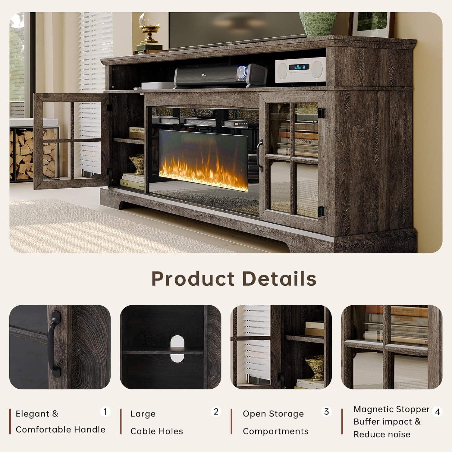 70' Farmhouse TV Stand with 36' Fireplace for TVs up to 80', Media Entertainment Center with Adjustable Shelves and Large Storage Cabinets, for Living Room, Gray & Black