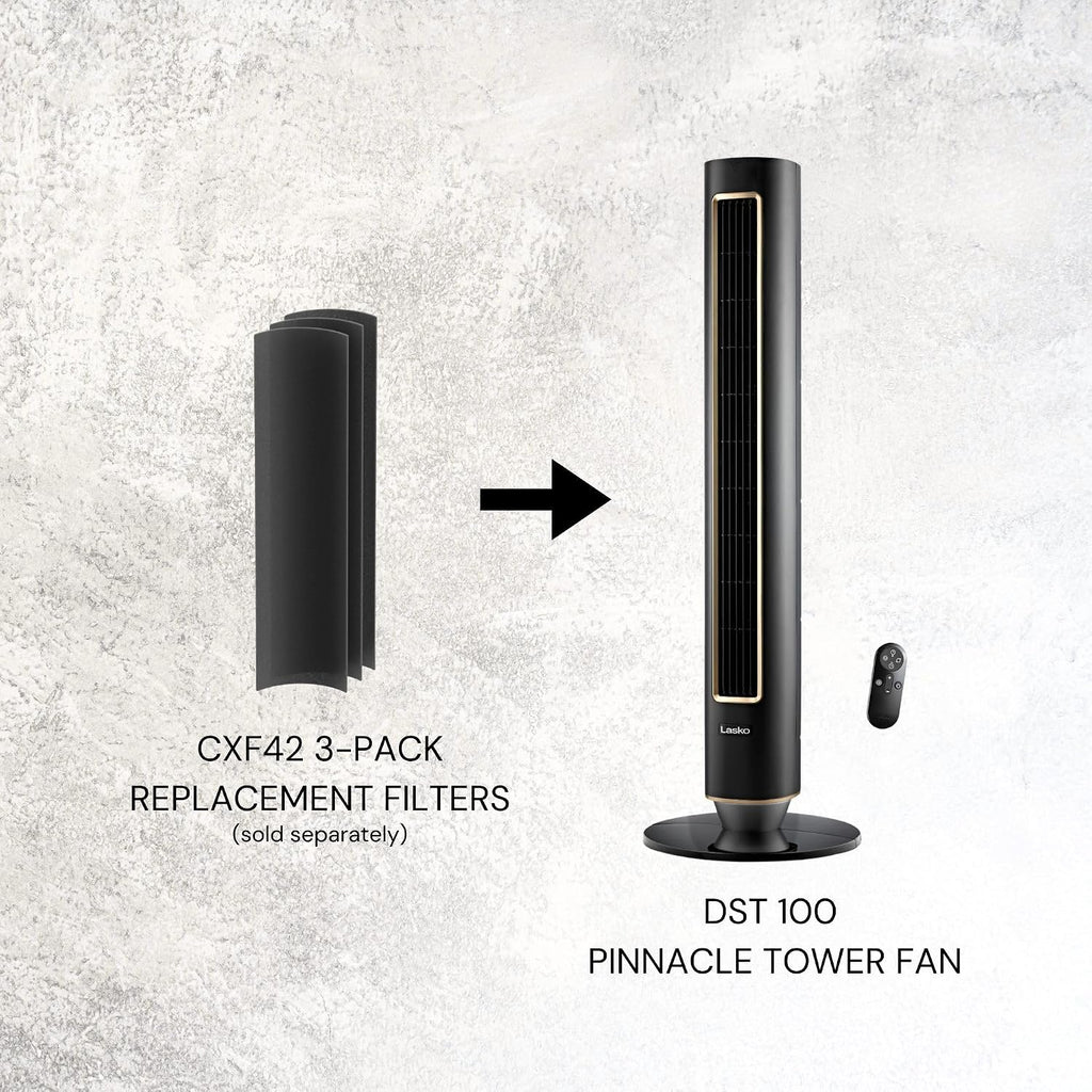 Lasko Pinnacle 40' Tower Fans for Home, 32 ft/s Airflow, Quiet 24dB, 90° Oscillation, Standing Fan for Bedroom with 24 Hour Timer, DC Motor, Air Filter for Hair & Dust, Night Light, Remote, DST100