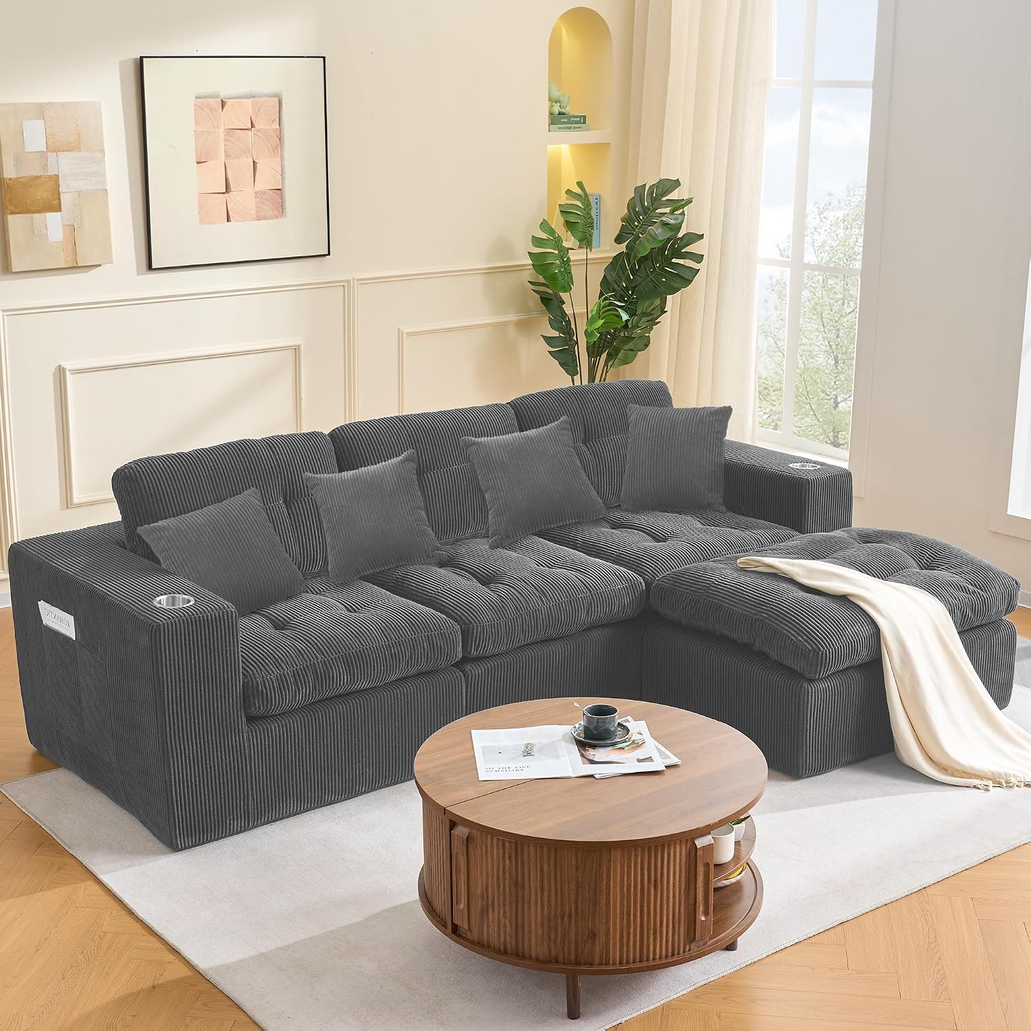 108' Modular Sectional Sofa, Cloud Sectional Couch with Deep Seat, Modern Modular L-Shape Sofa Couch with Chaise,Upholstered Couches for Living Room Bedroom (Dark Gray)