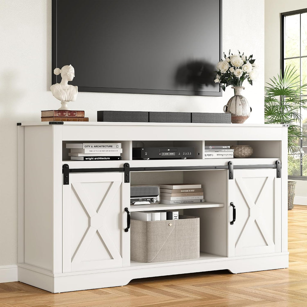 RoyalCraft TV Stand for 65+ Inch TV: Farmhouse Entertainment Center with Storage, Wood TV Console Cabinets with Sliding Barn Door, Tall Media with Adjustable Shelves for Living Room, Coastal Fog