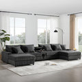 MAKIAAP 144' Corduroy Sectional Couch with Speakers, Comfy U Shaped Modular Couches Deep Seat Sofa with Console, USB Charger, Cup Holders, Storage, Ottoman for Living Room (Gray, 144in)