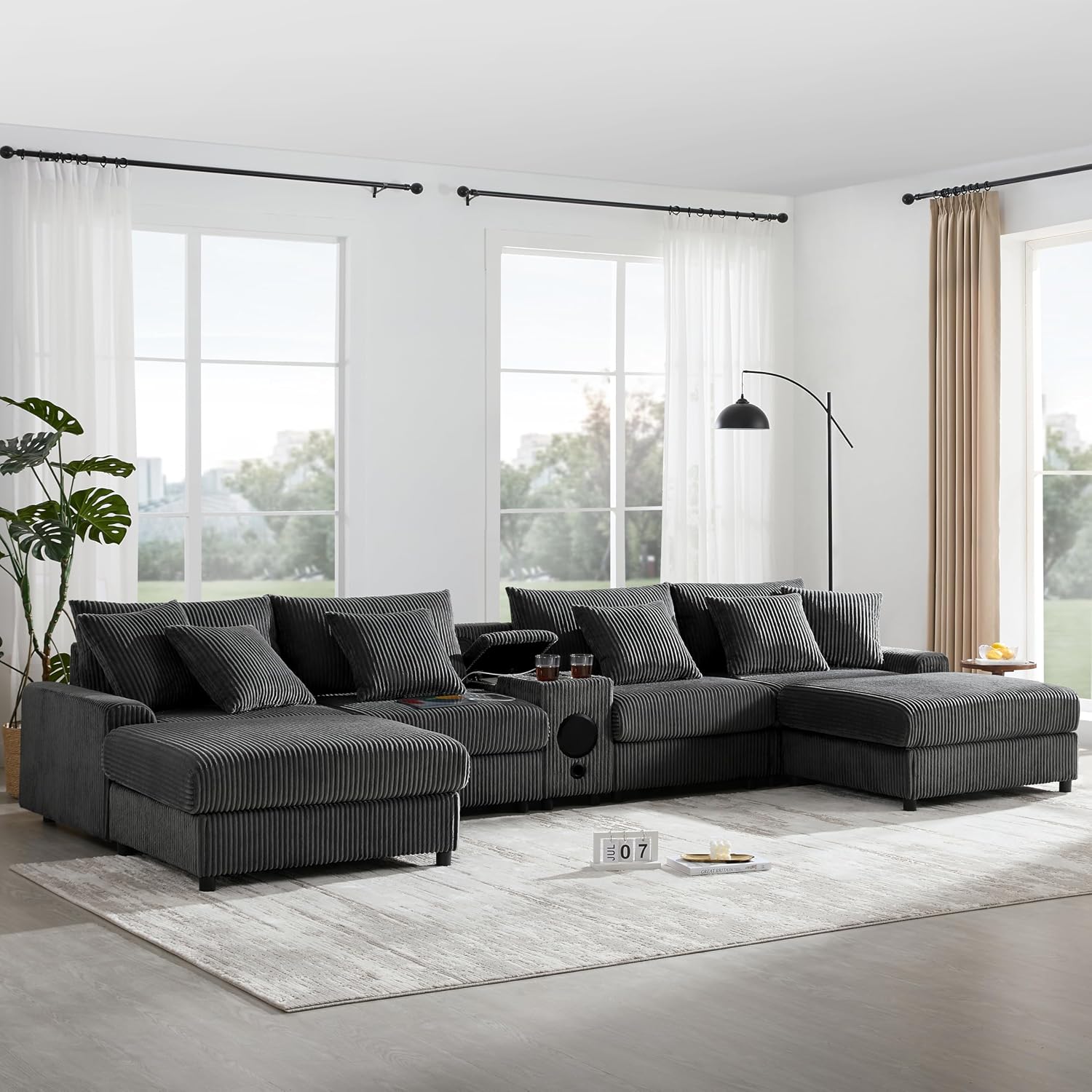 MAKIAAP 144' Corduroy Sectional Couch with Speakers, Comfy U Shaped Modular Couches Deep Seat Sofa with Console, USB Charger, Cup Holders, Storage, Ottoman for Living Room (Gray, 144in)