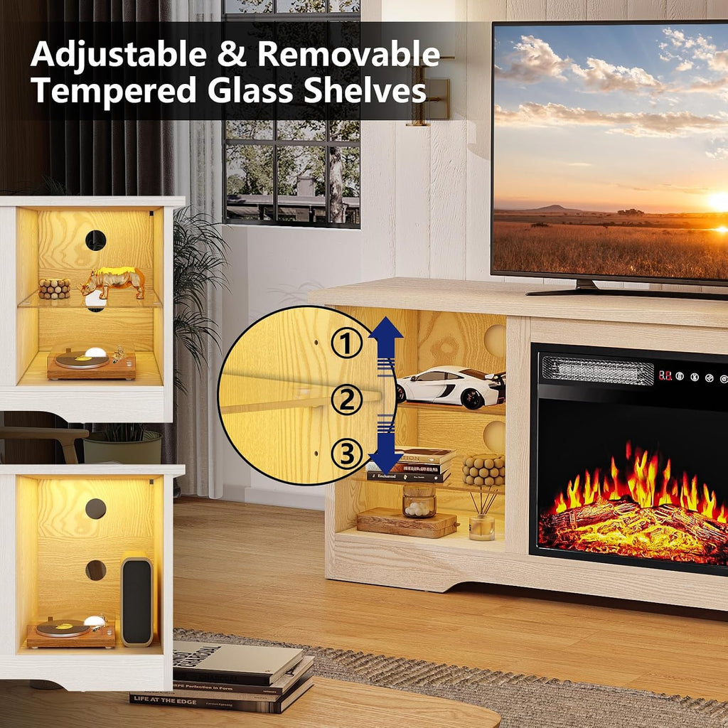 TAVATA Fireplace TV Stand with 18''Fireplace, Modern Entertainment Center for TVs up to 65 inch, Media TV Console with Adjustable Glass Shelves and Storage Cabinets (Beige)