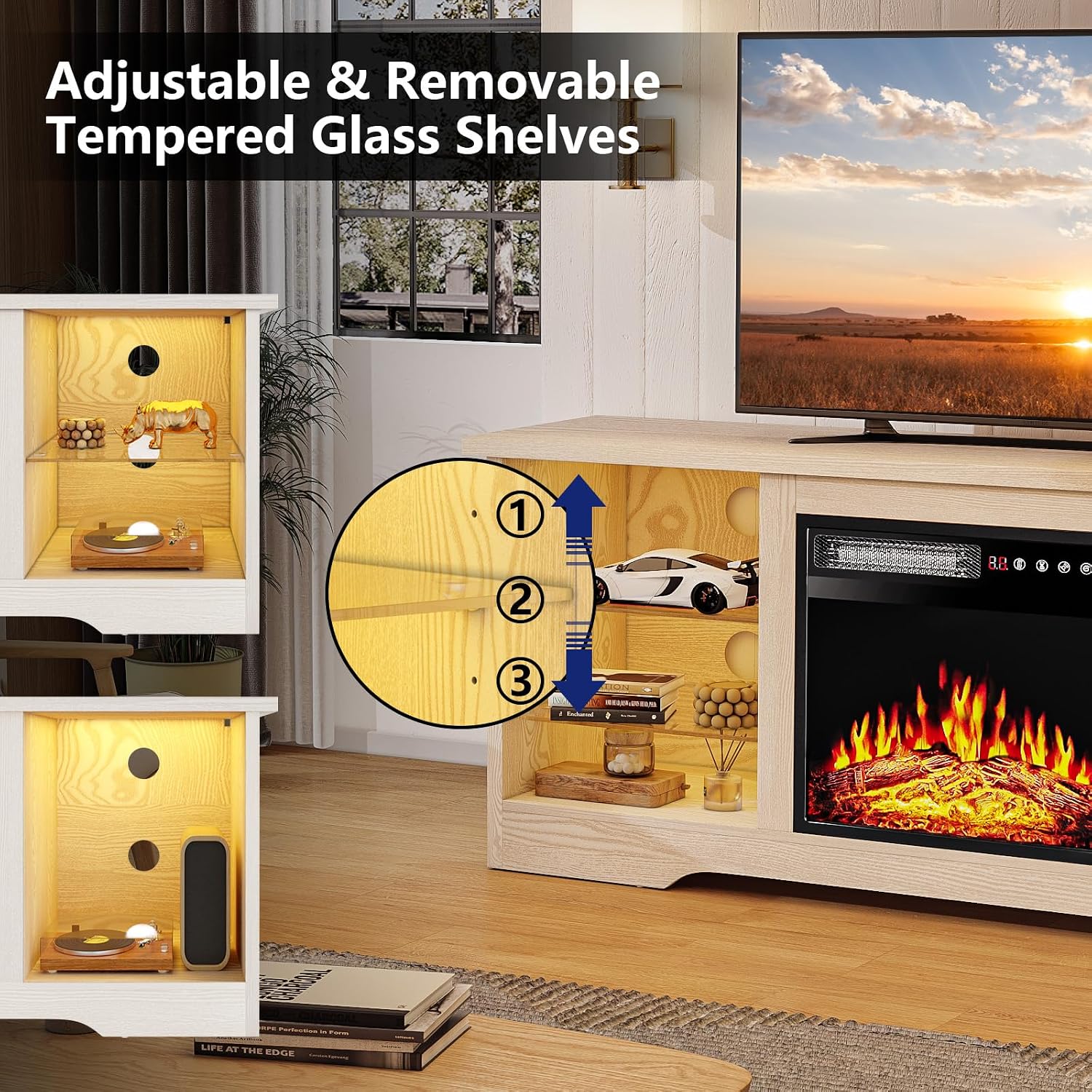 TAVATA Fireplace TV Stand with 18''Fireplace, Modern Entertainment Center for TVs up to 65 inch, Media TV Console with Adjustable Glass Shelves and Storage Cabinets (Beige)