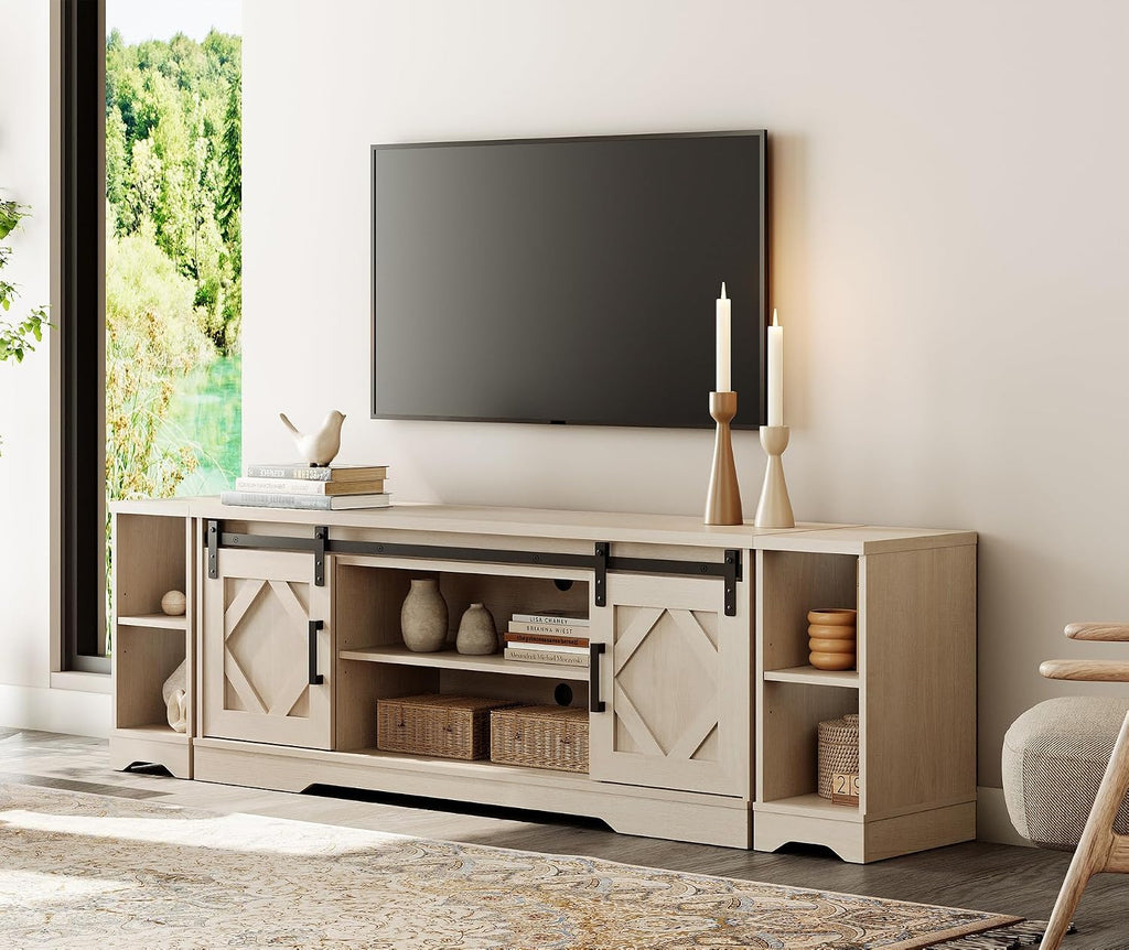 WAMPAT 3-in-1 Modern Farmhouse TV Stand for up to 85' TV, 23.6' H Wood Entertainment Center with Sliding Barn Door and Adjustable Media Storage Shelf for Living Room, Beige