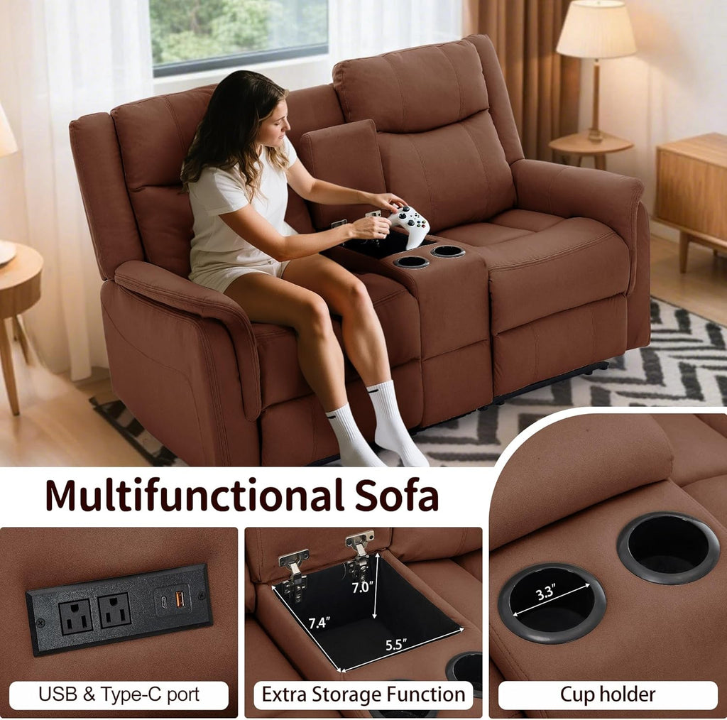 Korser Loveseat Recliner Sofa, Reclining Loveseat Couch, Reclining Couch with Console, USB Port, US Outlets, and Cup Holders, 2-Seater Sofa for Living Room
