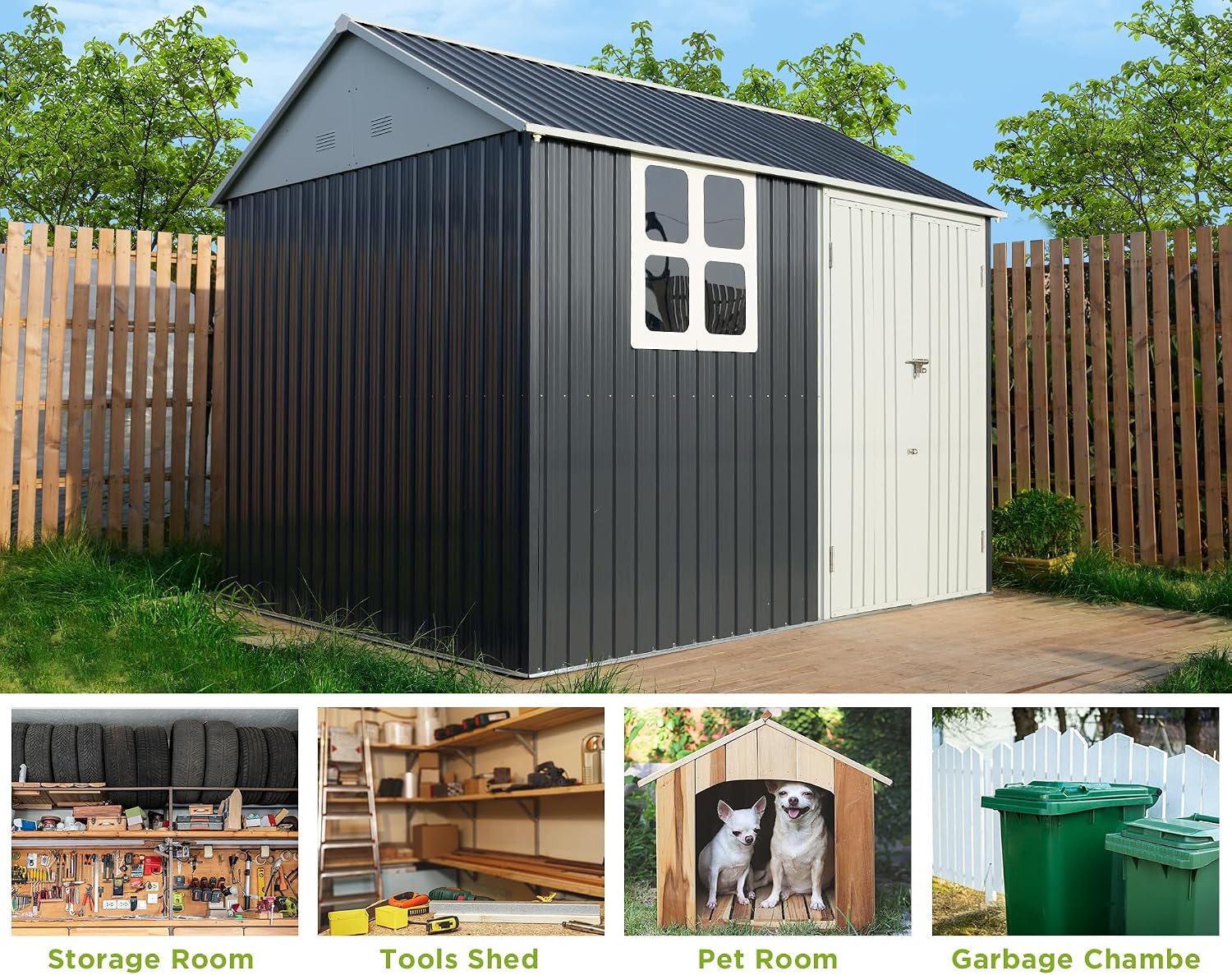 VanAcc 10x8x8 FT Shed 4-pane Window Nordic Cottage Storage Shed Outdoor Metal Garden House Double Hinged Lockable Doors for Backyard Garden Patio Lawn Dark Grey/White