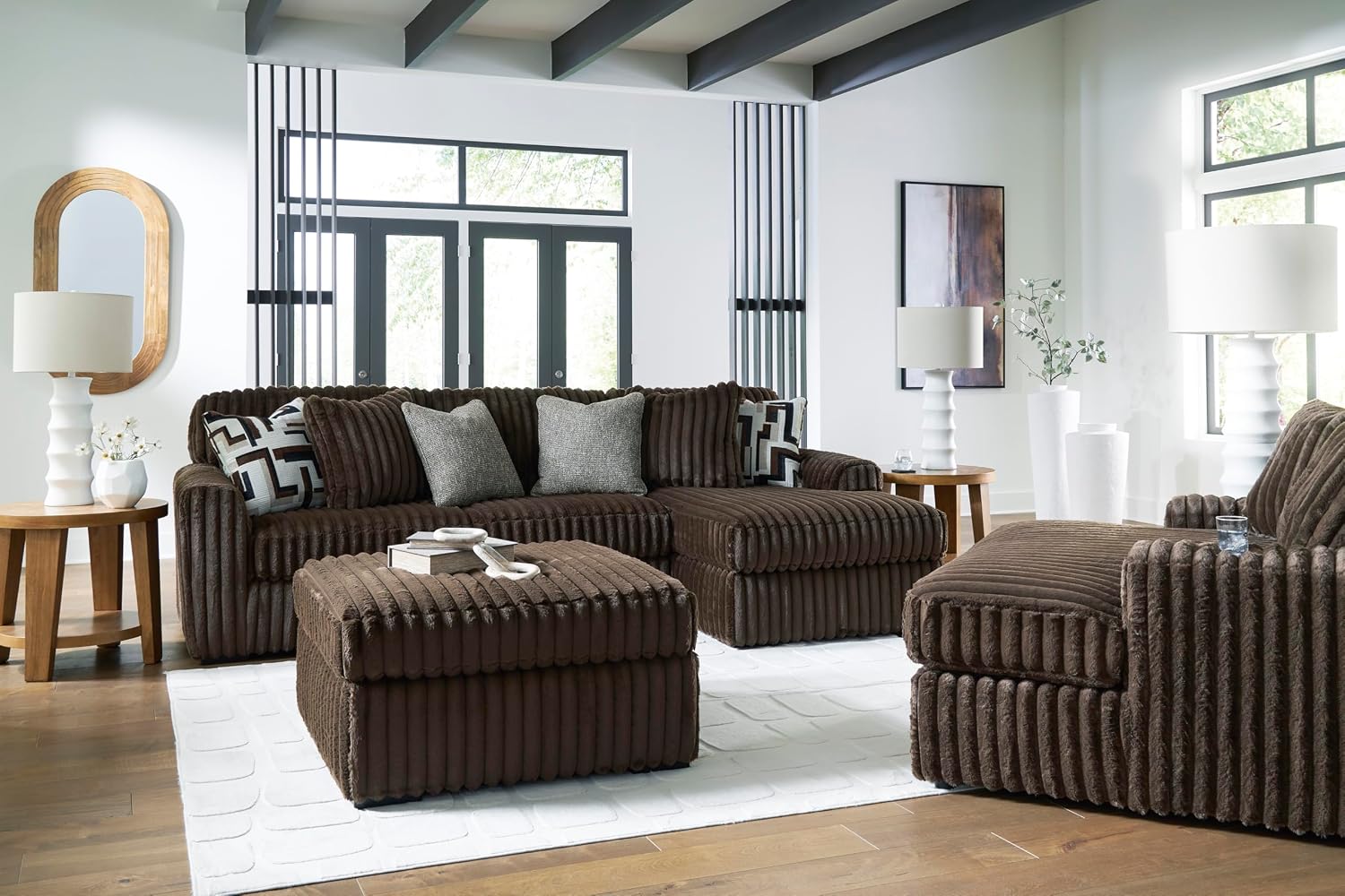 Signature Design by Ashley Midnight-Madness Contemporary Oversized Chaise with Reversible Cushions, USB Ports and Cup Holders, Dark Brown
