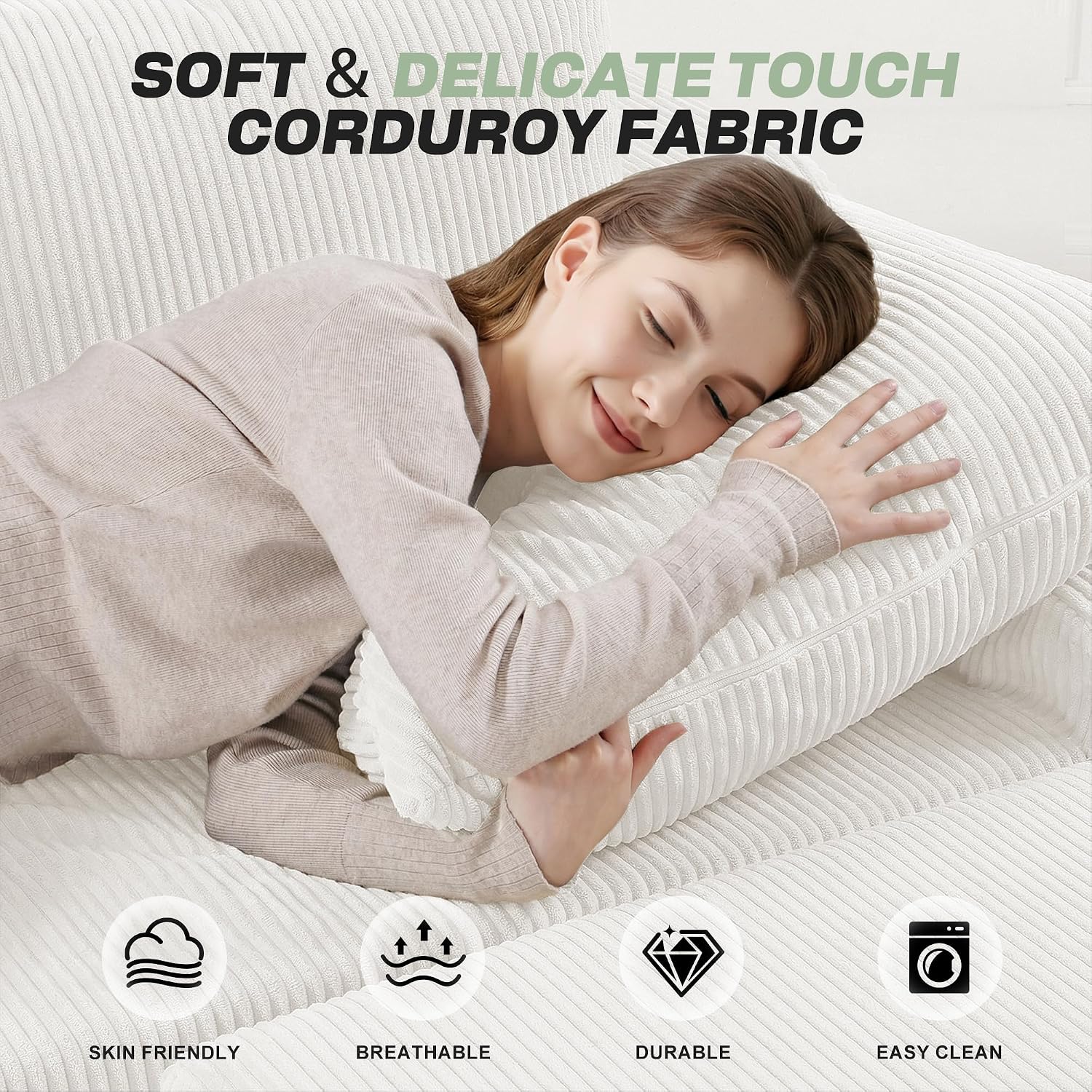 HABUTWAY 94' U Shaped Modular Sectional Couch for Living Room, Modular Cloud Sofa with Ottoman, No Assembly Boneless Couches with Deep Seat, Corduroy Fabric (Beige, Left Facing) | Cloud Sofa, With Ottoman, No Assembly, Boneless, Deep Seat, Corduroy Fabric