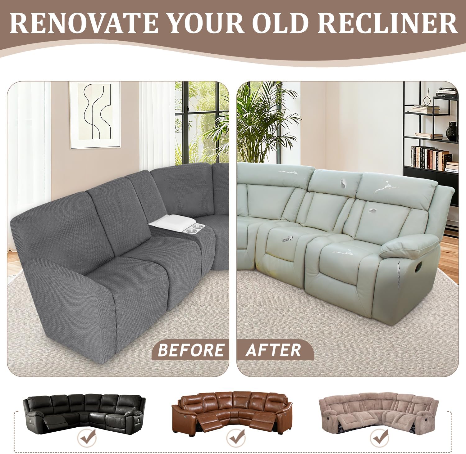 ALIECOM 100% Waterproof Recliner Sectional Couch Covers L Shape Stretch Corner Reclining Sectional Sofa Cover Washable Recliner Slipcover Protector for Dog Pet (5 Seat and 1 Console, Medium Gray)