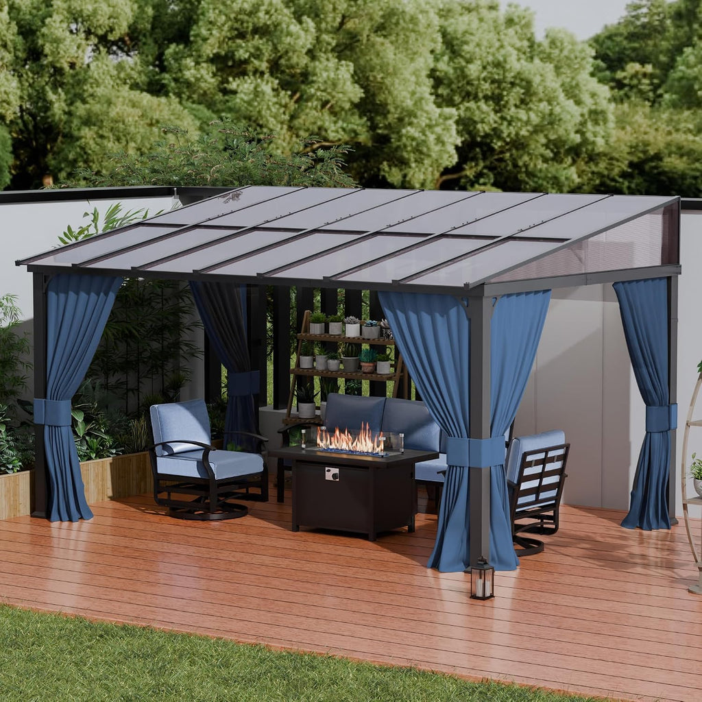 ALAULM 10'x 14' Outdoor Hardtop Pergola,Wall Mounted Lean to Gazebo with Curtains and Netting,Galvanized Metal Frame,Sunshade for Patio, Backyard, Deck and Lawns-Dark Blue