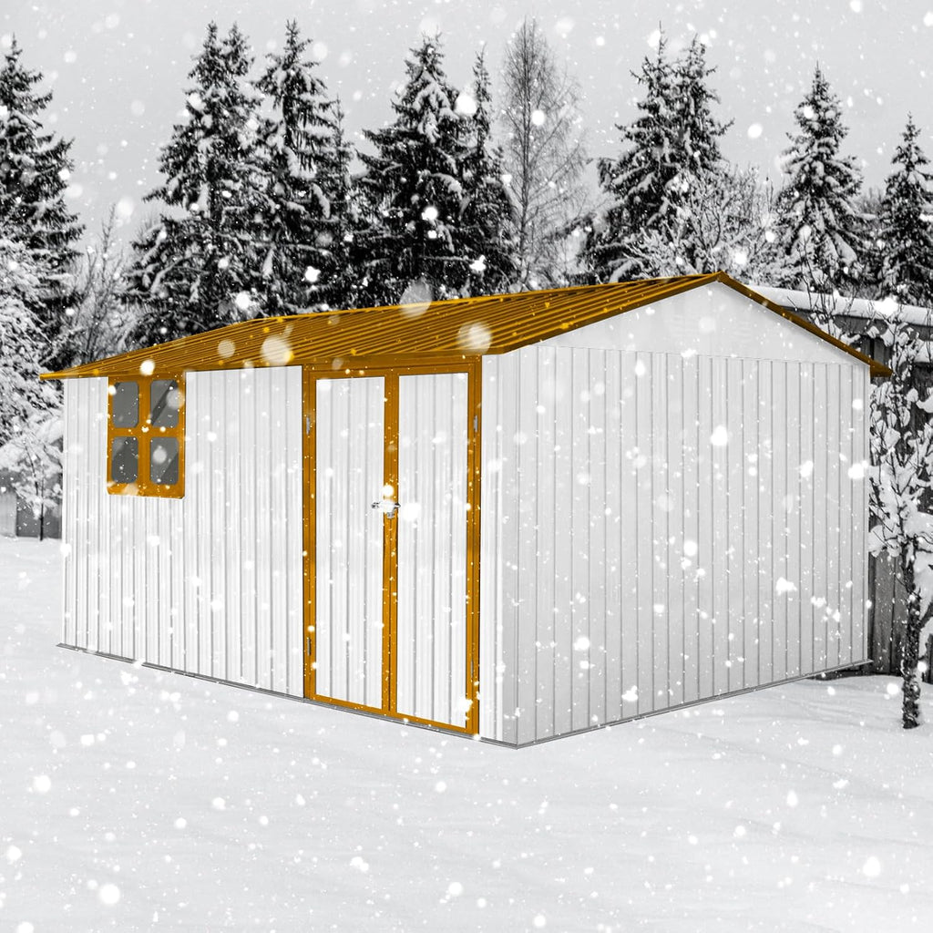 10x12 ft Outdoor Metal Storage Shed with Window, Aluminum Frame and Galvanized Steel Plate Tool Shed with Lockable Door, Air Vent, Waterproof Garden Storage House for Backyard (Yellow/White)