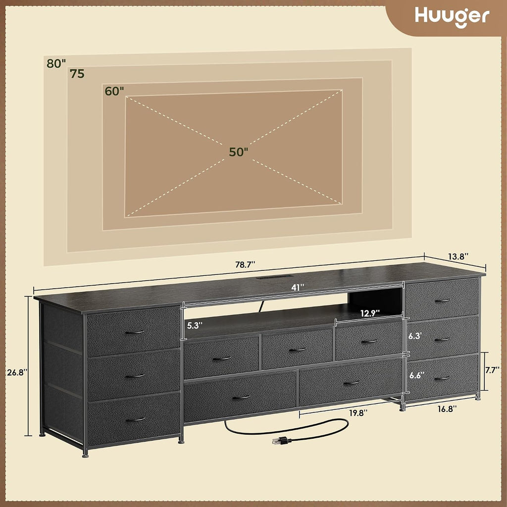 Huuger 78.7 Inch TV Stand for 75, 80 Inch TV, 11 Drawer Long Dresser with Power Outlets and LED Lights, Entertainment Center with Storage, Black Dresser with PU Leather Surface