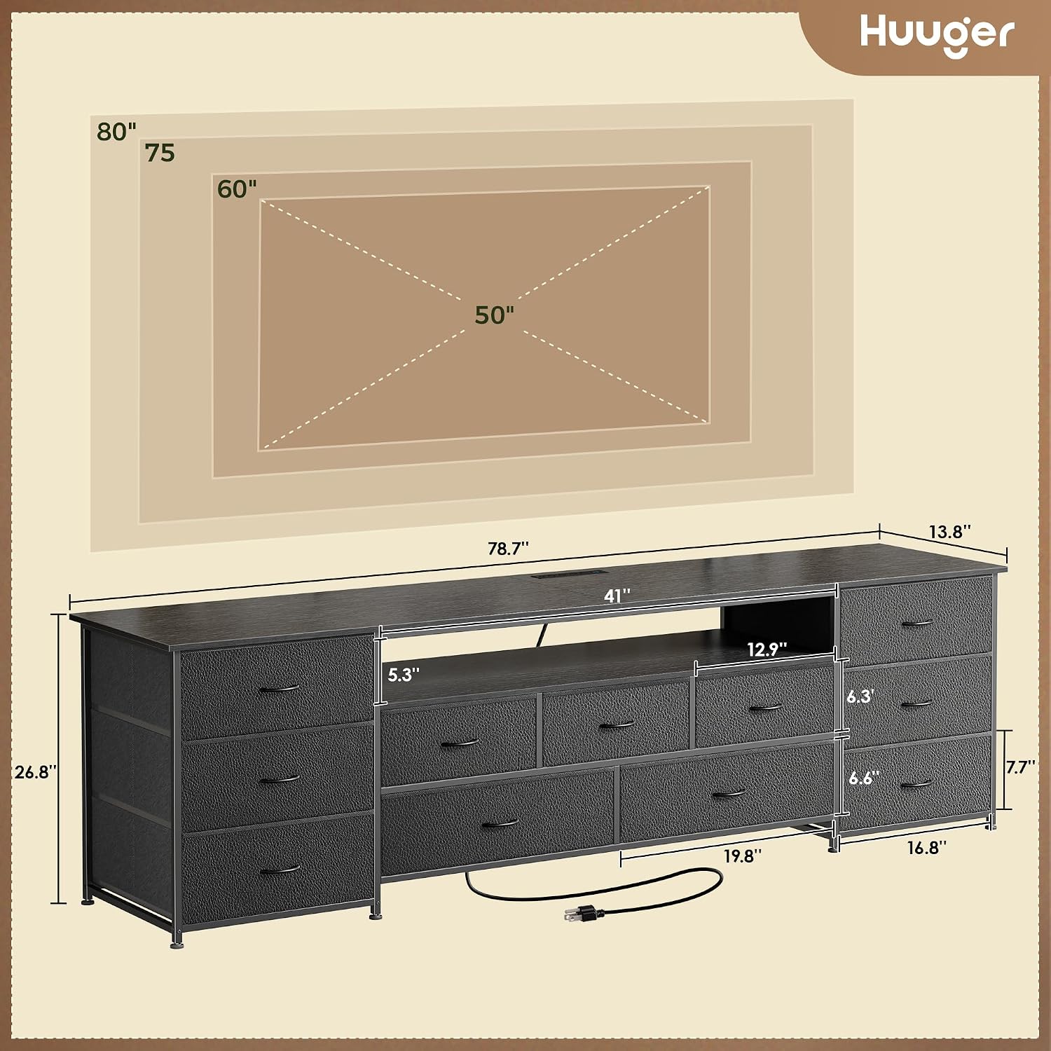 Huuger 78.7 Inch TV Stand for 75, 80 Inch TV, 11 Drawer Long Dresser with Power Outlets and LED Lights, Entertainment Center with Storage, Black Dresser with PU Leather Surface