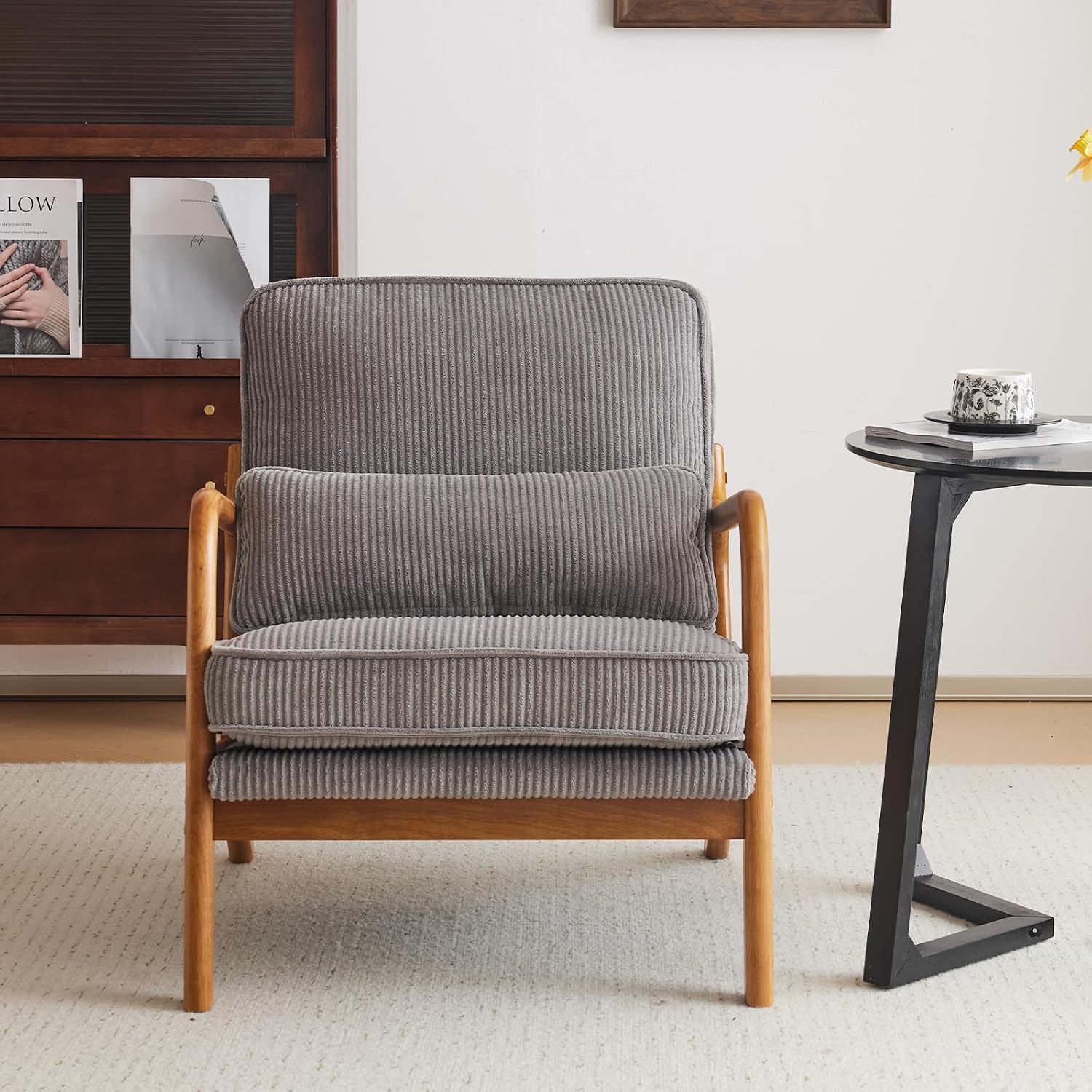 Karl home Mid-Century Modern Accent Chair, Living Room Chairs with Pillow Corduroy Upholstered Lounge Armchair with Solid Wood Frame & Soft Cushion for Bedroom, Reading Room, Gray