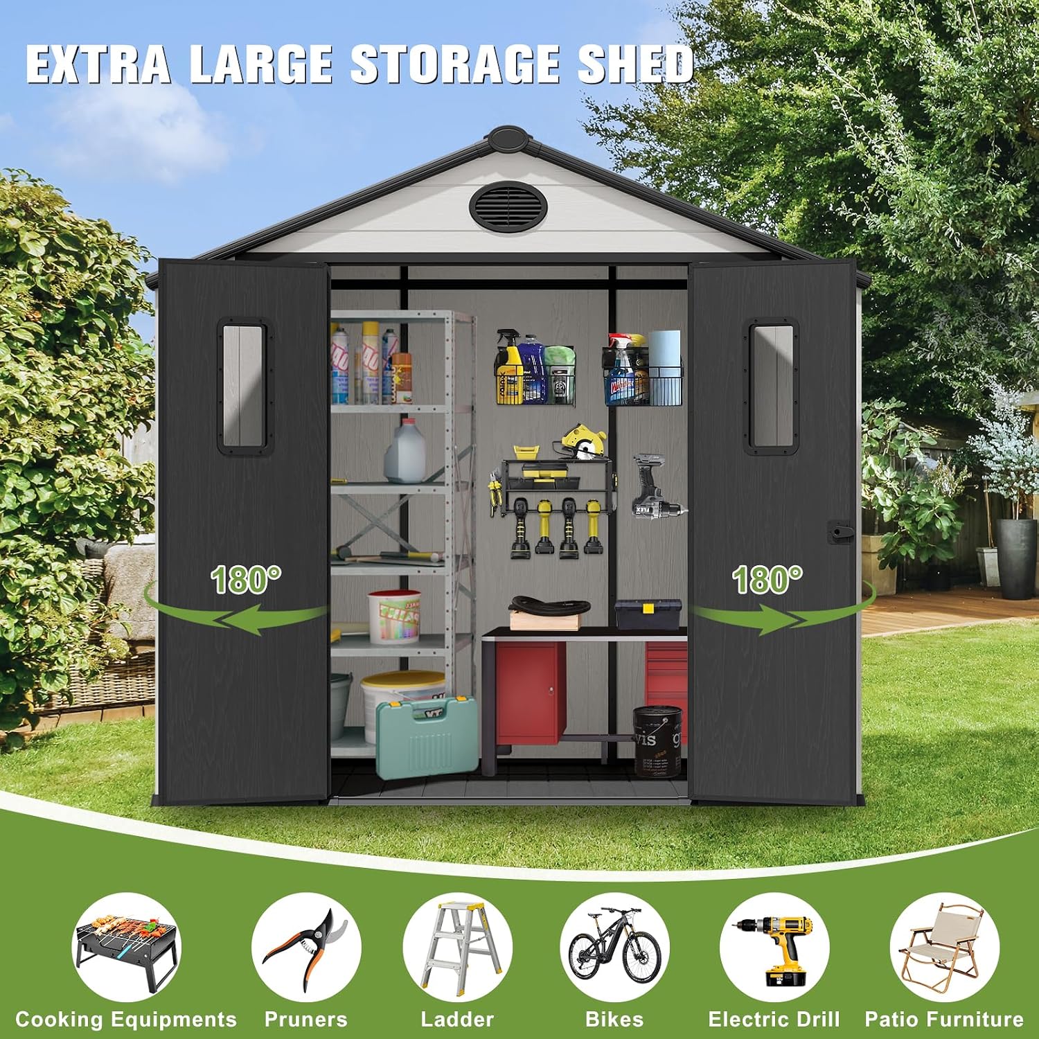 COOS BAY 8x8 Outdoor Storage Shed with Floor, Lockable Doors, All-Weather Resin Garden Tool Shed, White/Gray