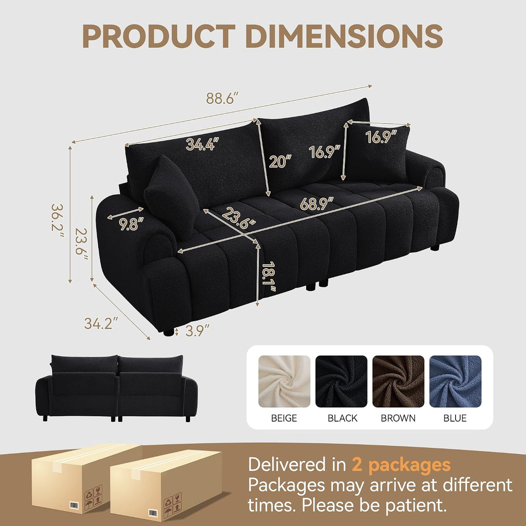 88 'Modern Boucle Sofa Couch, Oversized Comfy 3 Seater Sherpa Curved Sofas Deep Seat, Upholstered Loveseat Teddy Round Arm Couches for Living Room, Bedroom, Black