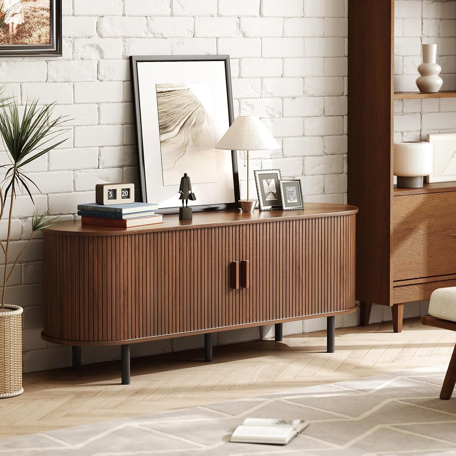 ONBRILL 55' TV Stand with Power Outlet for TVs up to 60 Inch, Entertainment Center with Storage and Adjustable Shelves, Modern Media Console with Sliding Doors for Living Room, Walnut