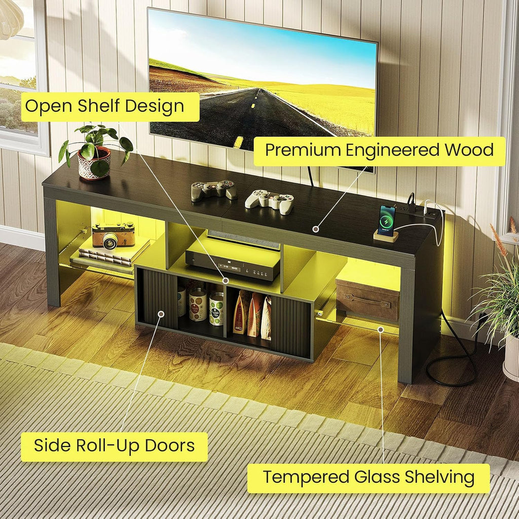 CHOEZON TV Stand with Power Outlet, Modern TV Cabinet for 55 60 inch TVs, Media TV Console with LED Light Strip, Media Entertainment Center with Storage, for Living Room, Bedroom, Black MDS02UDBB