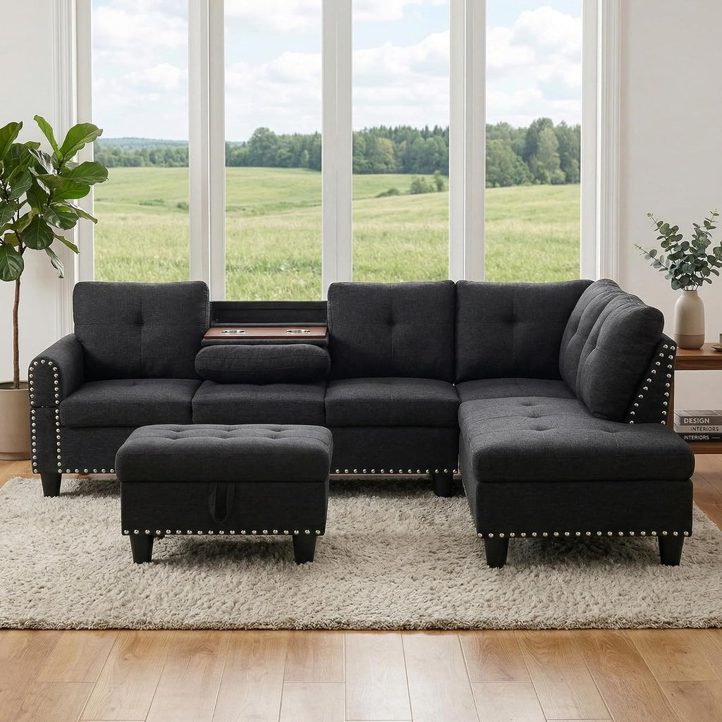 97.5' L Shaped Couch Set Linen, Modular Sectional Couches for Living Room with Storage Ottoman, 4 Seat Home Sofa Living Room Furniture Sets with Chaise for Apartment Office (Black Grey)