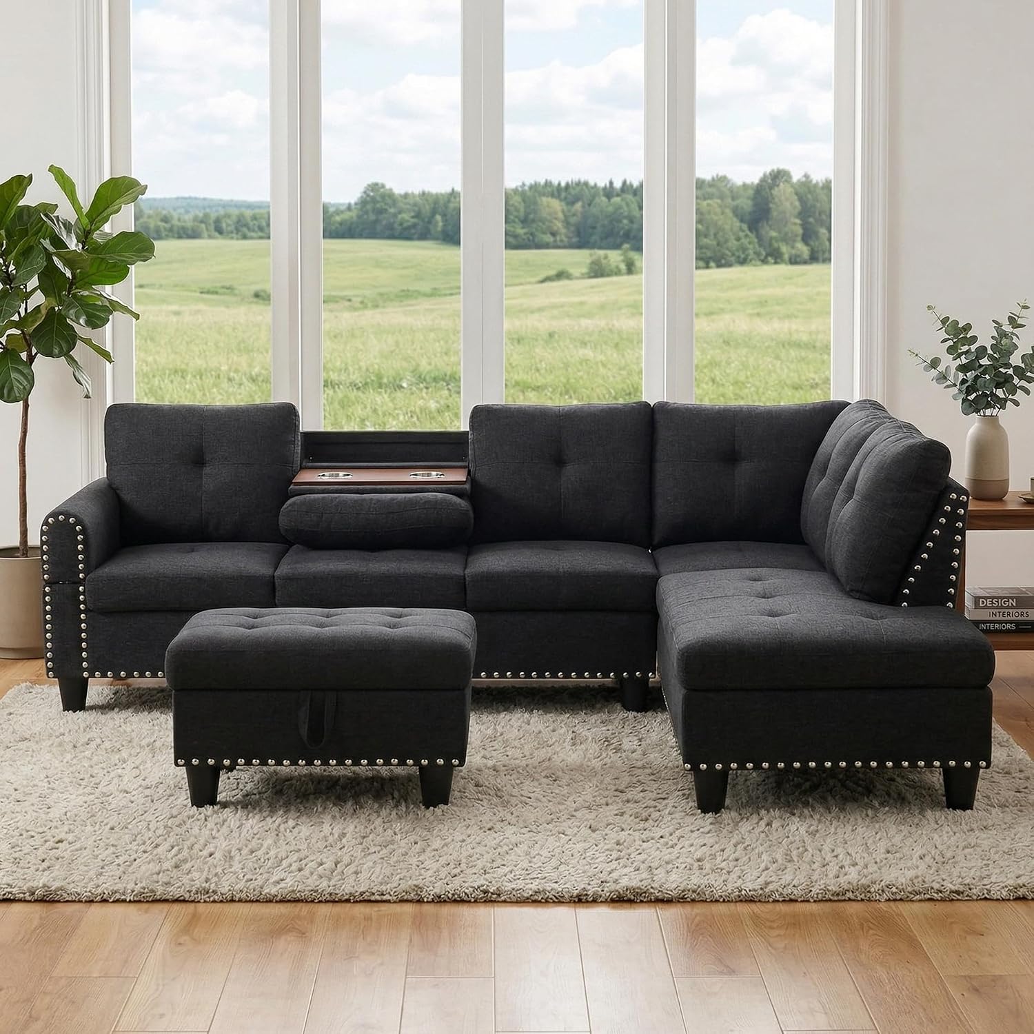 97.5' L Shaped Couch Set Linen, Modular Sectional Couches for Living Room with Storage Ottoman, 4 Seat Home Sofa Living Room Furniture Sets with Chaise for Apartment Office (Black Grey)