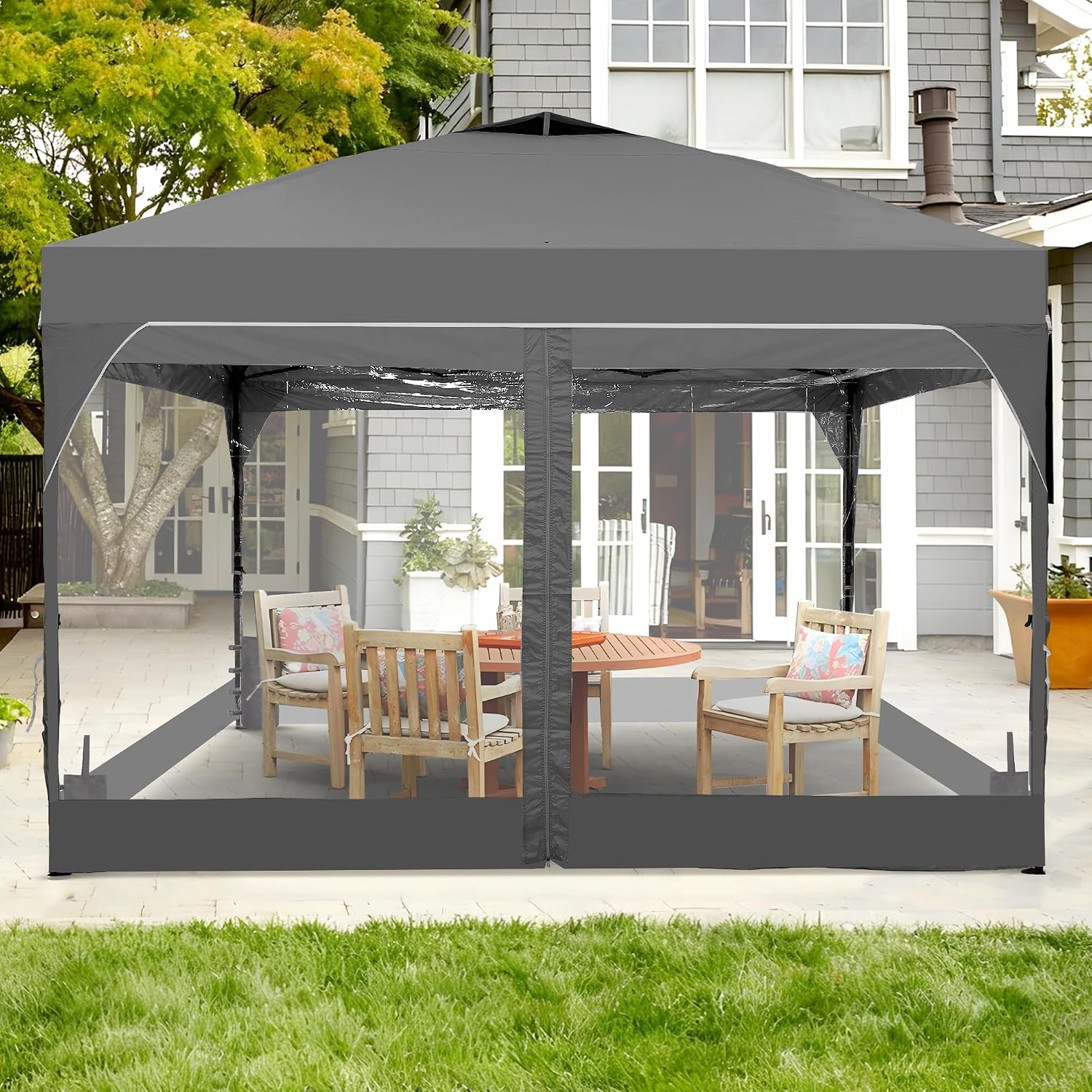 12x12 Pop Up Canopy Tent with One Push Setup, Outdoor Sun Shade Canopy for Backyard Party, Easy Up Instant Shelter with 4 PVC Transparent Sidewalls, 4-Sandbags & Wheel Bag, Grey.