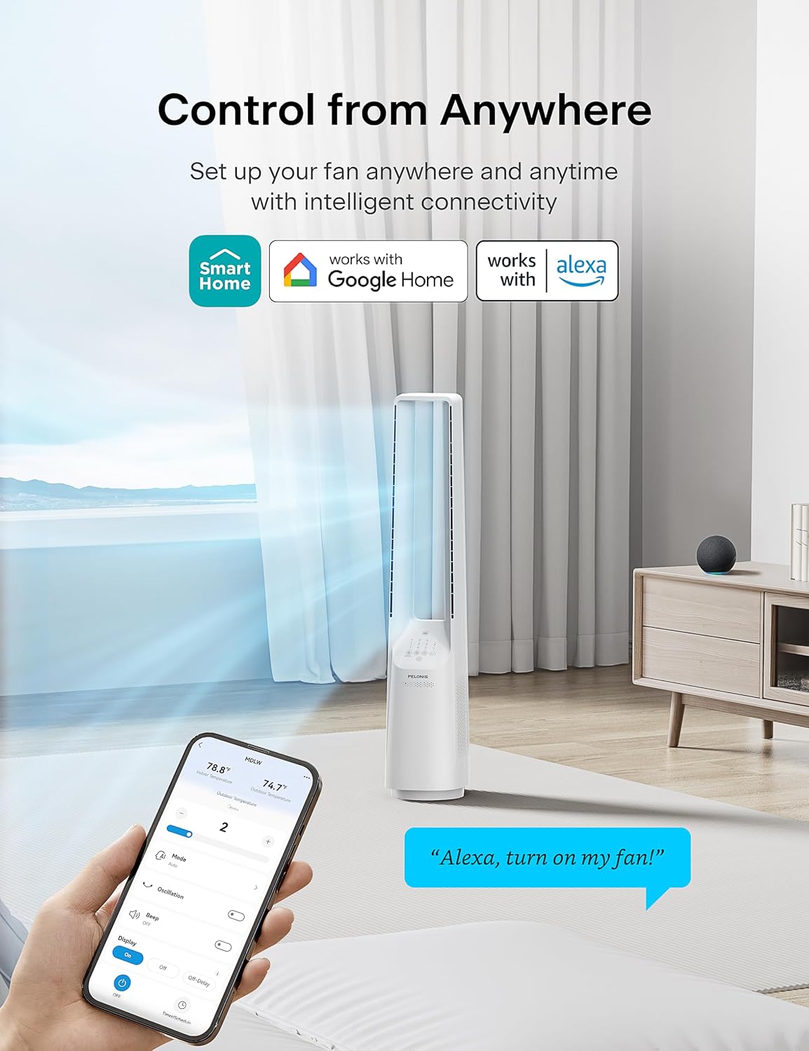 PELONIS Bladeless Tower Fan with 26-33ft Powerful Airflow, Alexa and Google Compatible, 6-Speed Settings, Quiet DC Motor, 120° Oscillation, 7-Hour Timer - Ideal for for Bedroom Home Office Use,White