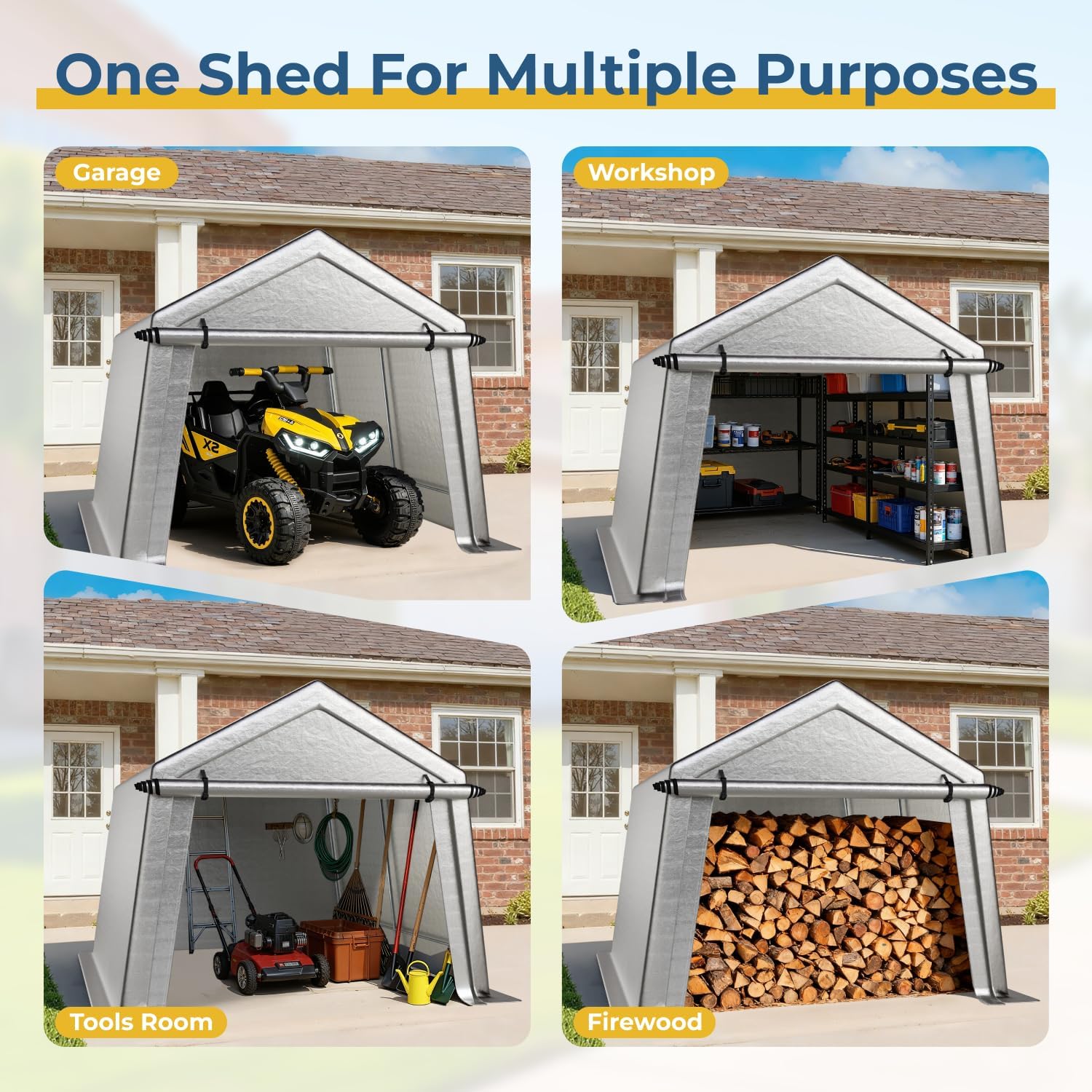 LINKHOO 10 x 10 FT Carport, Portable Shed w/220G Heavy Duty Waterproof PE Tarp, Roll-up Zipper Door & Vent, Weather-Resistant Storage Shed for Motorcycle, Bike and Tools, Gray