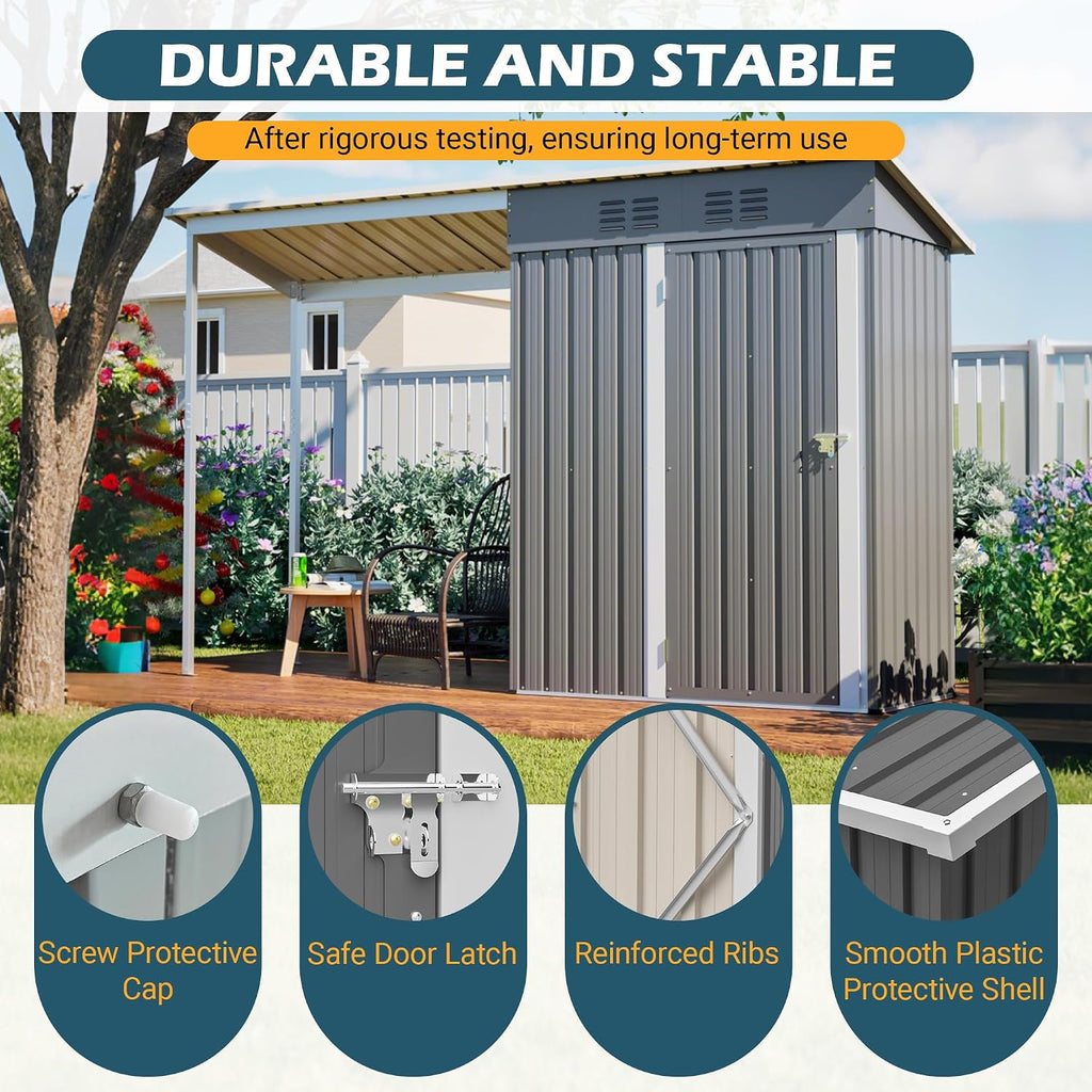 YOPTO 5×3 FT Outdoor Storage Shed & Gazebo Combo,Lean to Metal Tool Shed with Open Pergola,All-Weather 2-in-1 Garden Shed & Gazebo W/Sloping Roof and Lockable Door,for Backyard,Patio,Lawn(Gray)