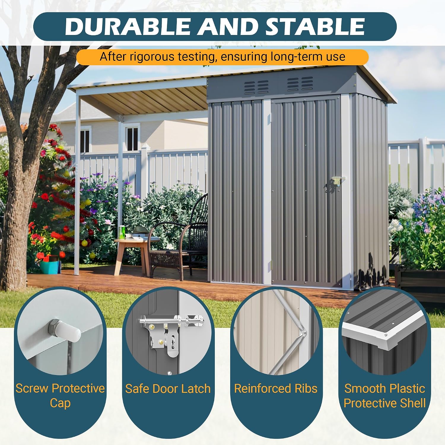 YOPTO 5×3 FT Outdoor Storage Shed & Gazebo Combo,Lean to Metal Tool Shed with Open Pergola,All-Weather 2-in-1 Garden Shed & Gazebo W/Sloping Roof and Lockable Door,for Backyard,Patio,Lawn(Gray)