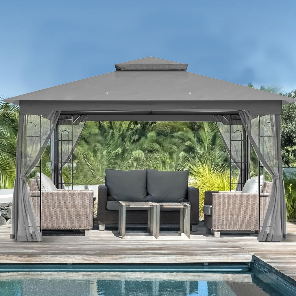EAGLE PEAK Patio Gazebo with Mesh Netting 13x11 at Top 12x10 Footprint, Soft Top Outdoor Pavilion for Backyard, Deck, Lawn and Garden, Gray