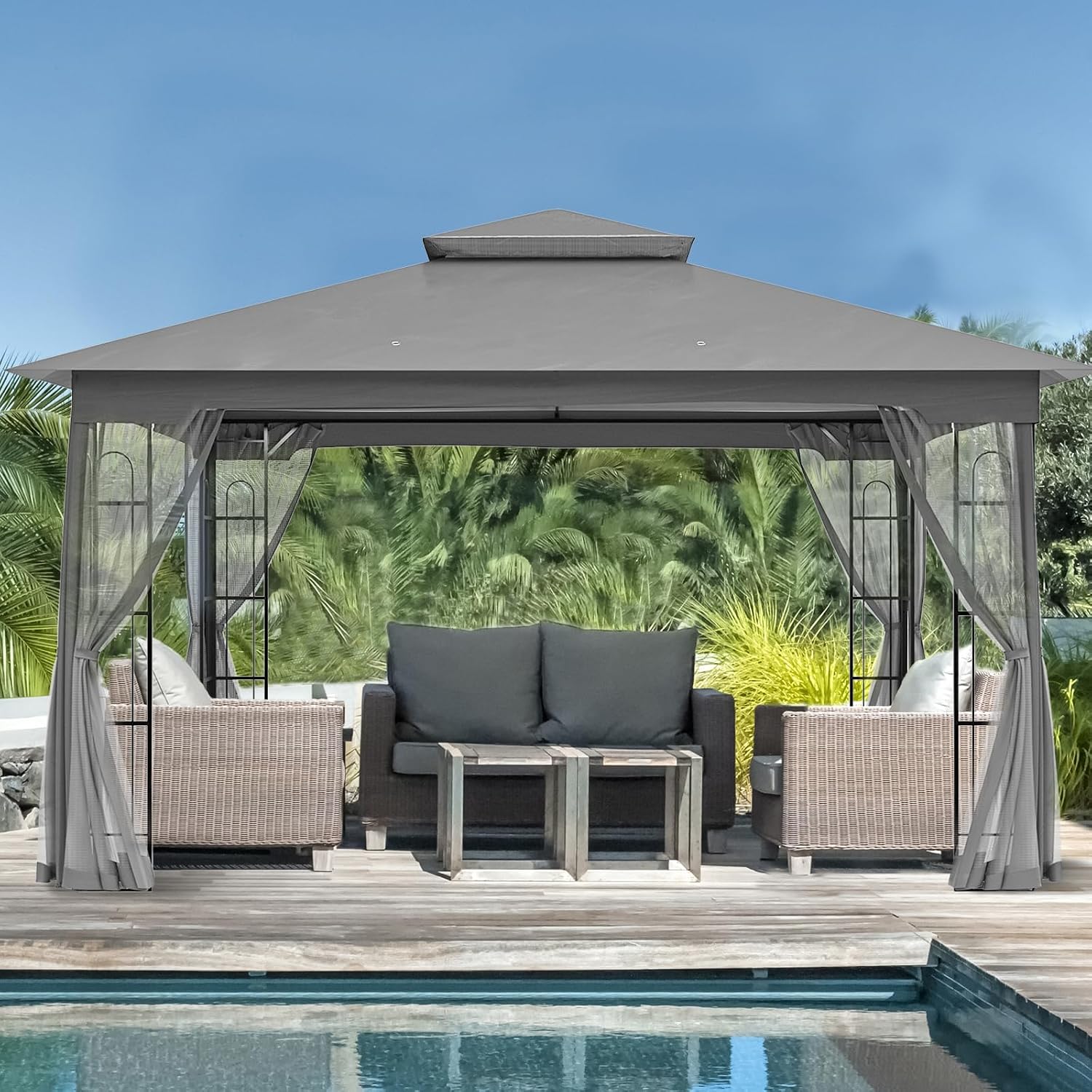 EAGLE PEAK Patio Gazebo with Mesh Netting 13x11 at Top 12x10 Footprint, Soft Top Outdoor Pavilion for Backyard, Deck, Lawn and Garden, Gray